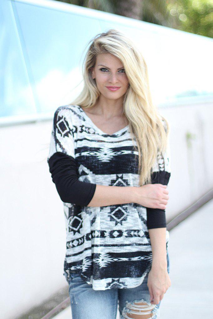 Stylish Aztec Black Printed Top with 3/4 Sleeves for 2015