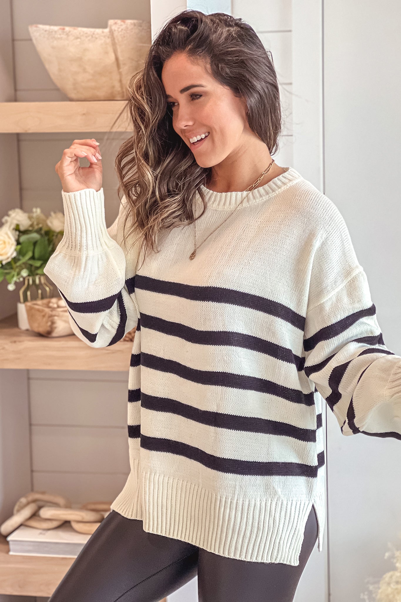 Stylish Ivory and Black Striped Knit Sweater for Fall and Winter