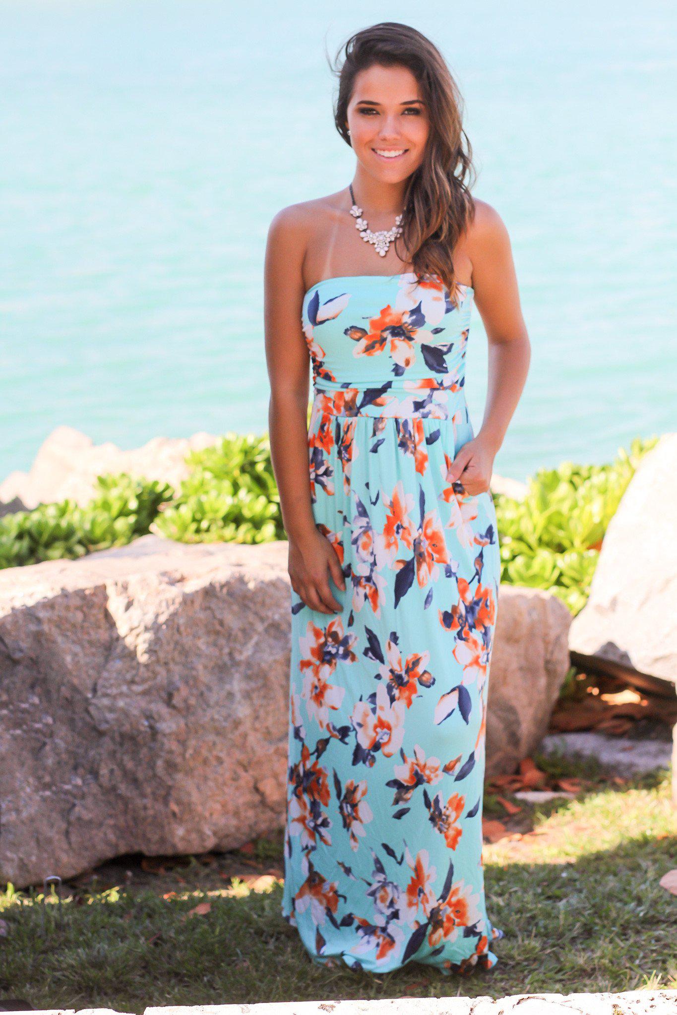 Comfy Mint and Orange Floral Strapless Maxi Dress with Functional Pockets