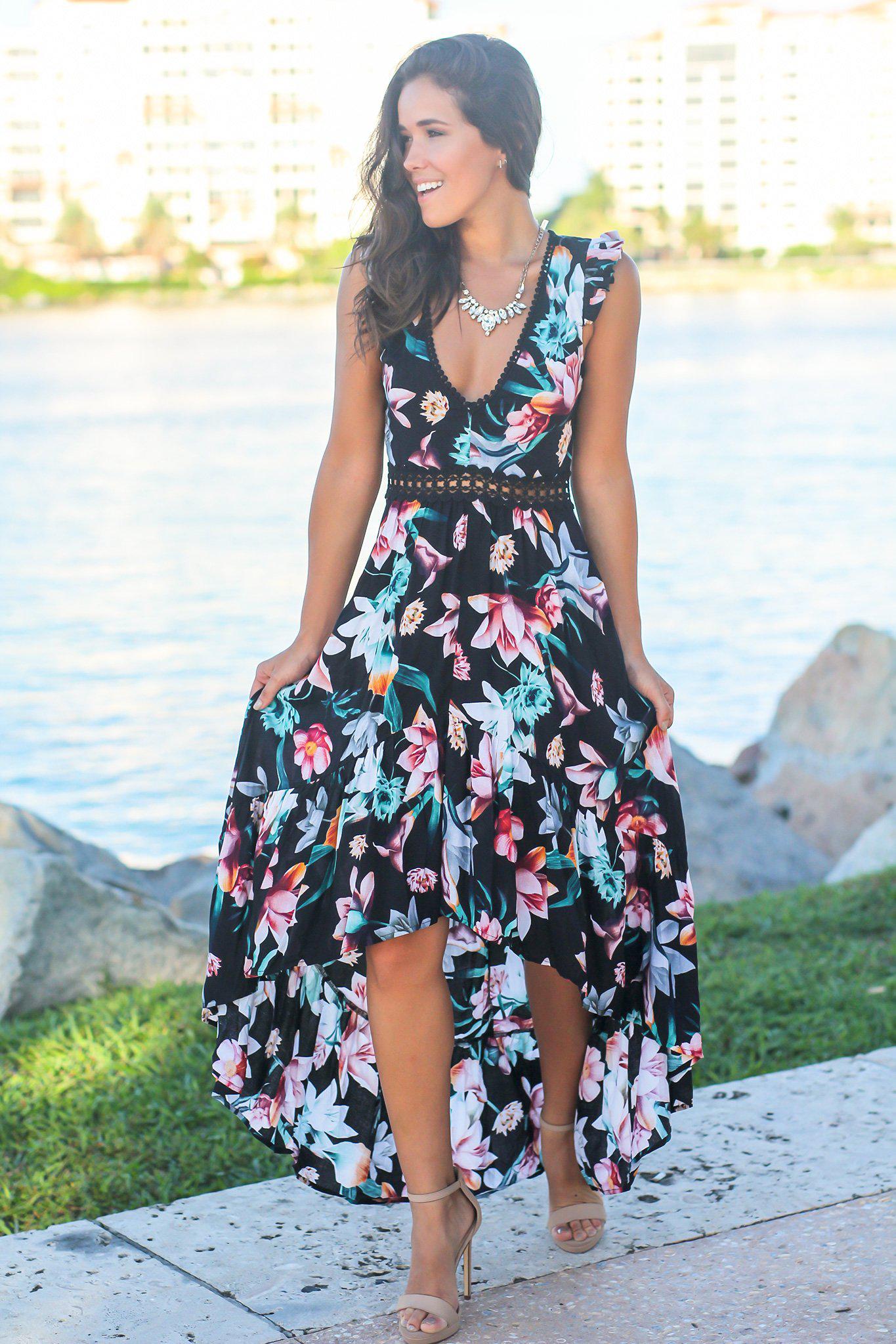 Stunning Black Floral High Low Women's Dress Featuring Crochet Open Back Design