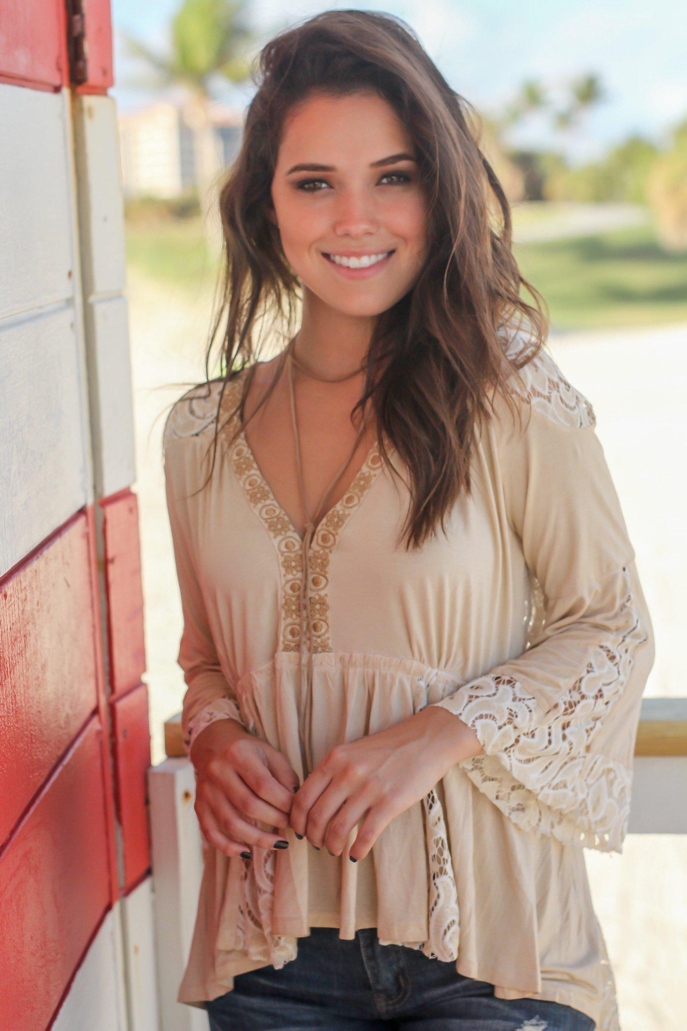Stylish Honey Gold Crochet-Trimmed Top with Open Back Design