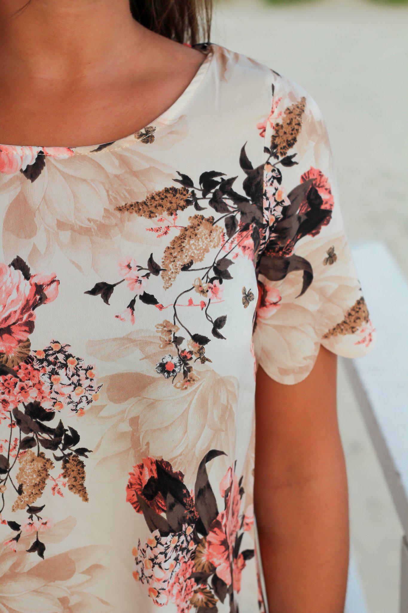 Adorable Cream Floral Short - Sleeved Scalloped Women's Top