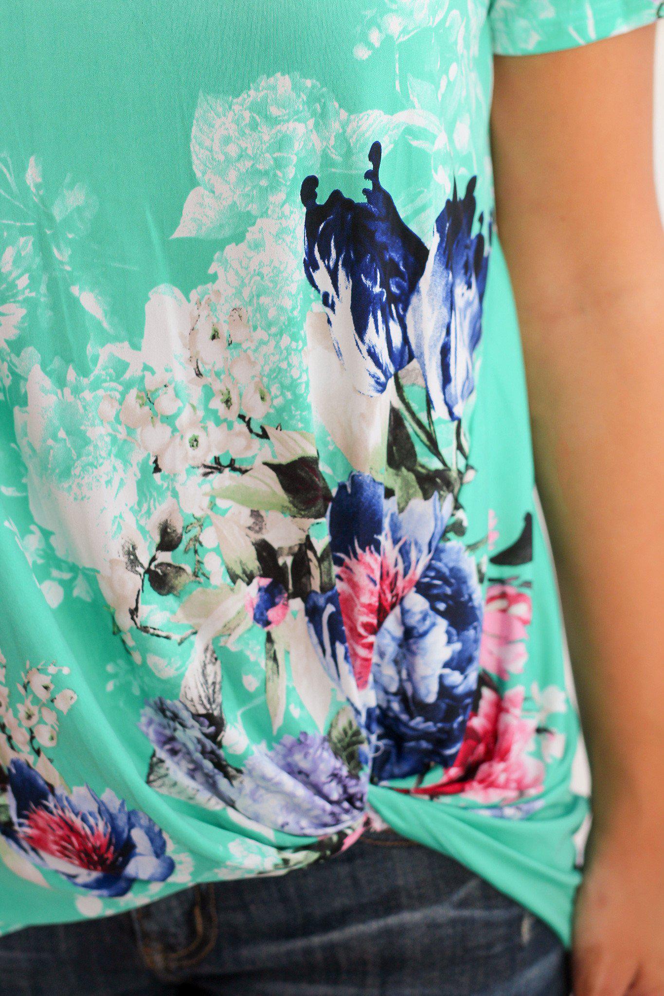 Stylish Women's Mint and Pink Floral Blouse with Decorative Knot