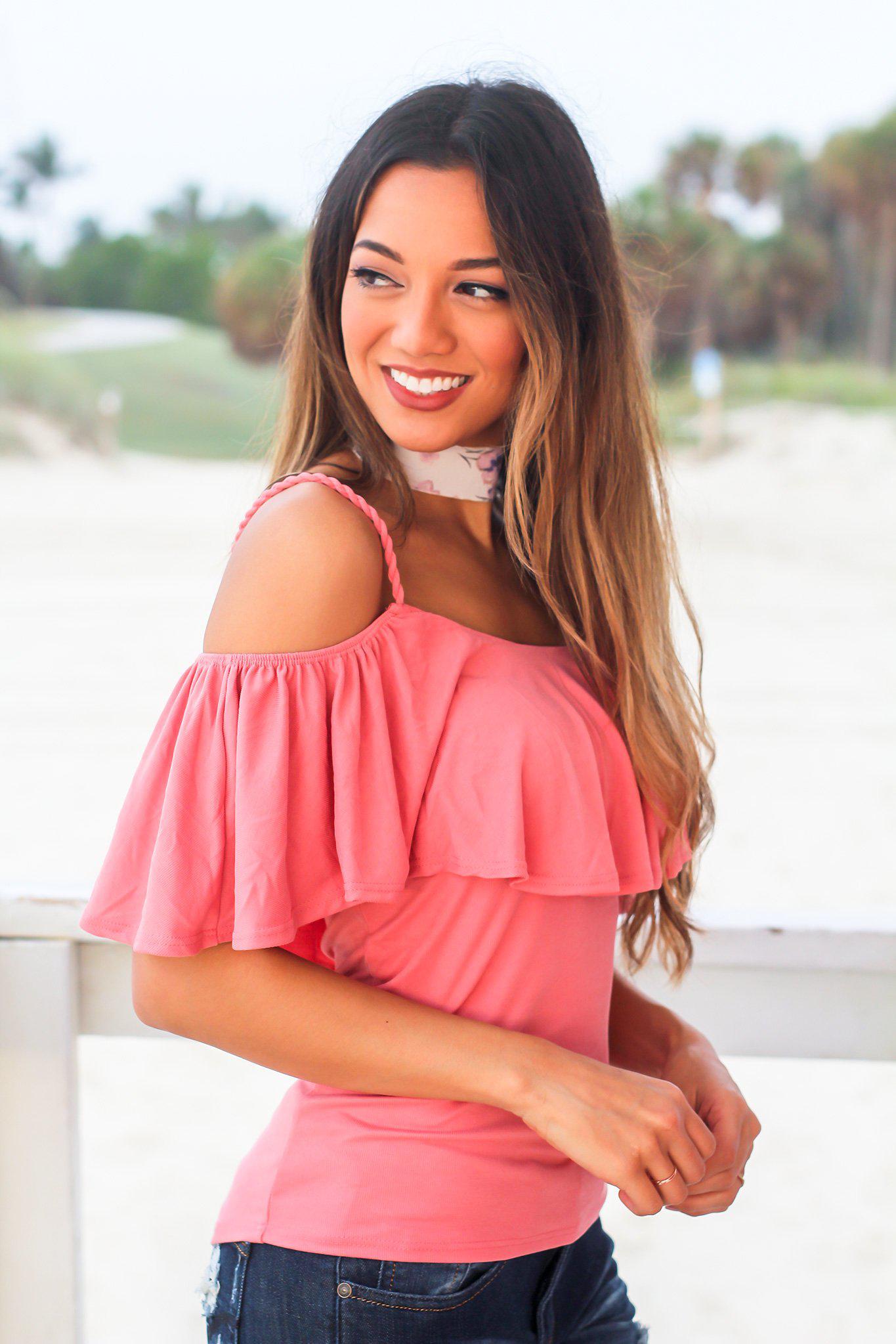 Adorable Coral Ribbed Off - Shoulder Spaghetti Strap Women's Top
