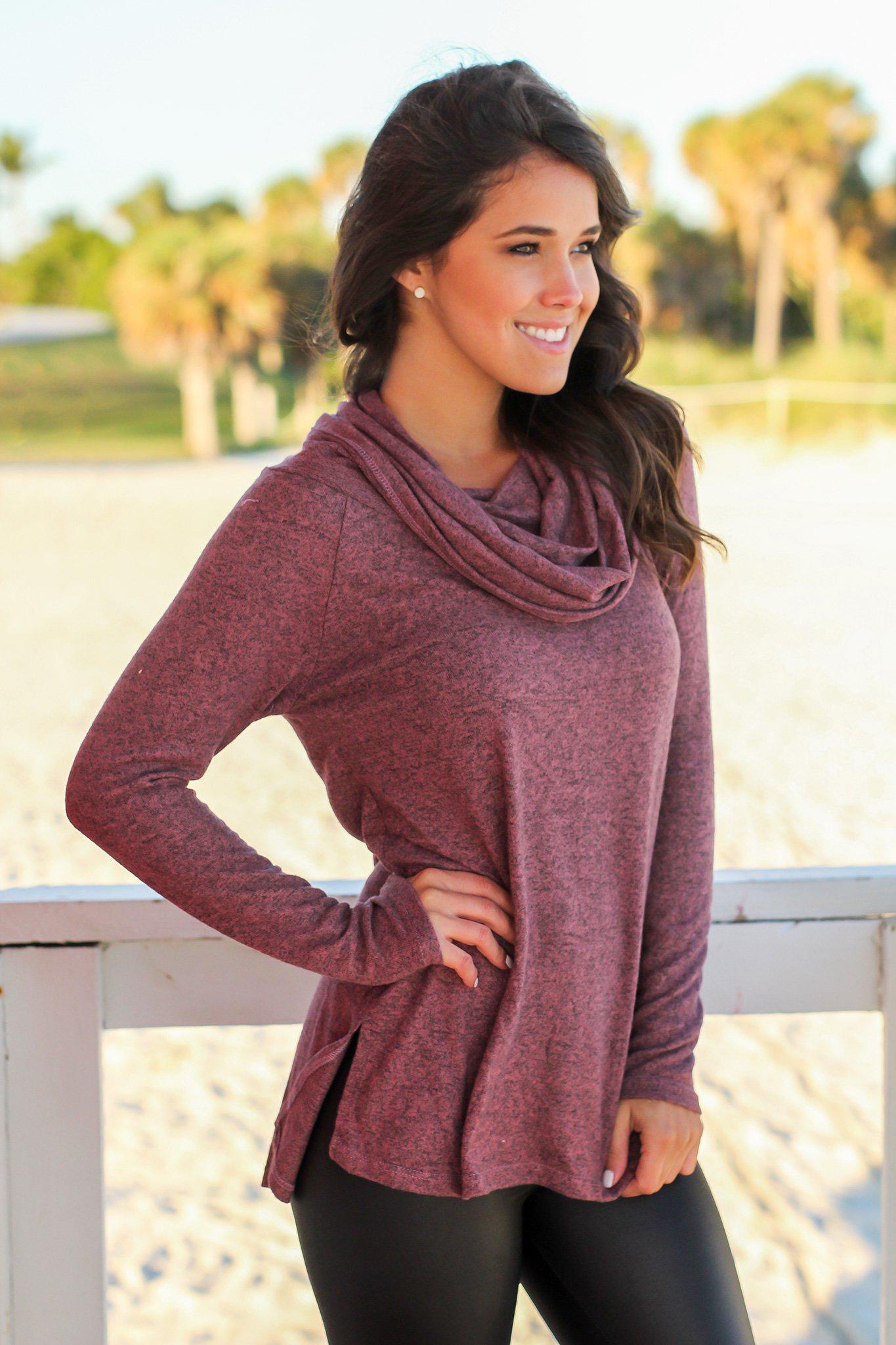 Soft and Stylish Mauve Long - Sleeve Cowl - Neck Loose - Fit Top