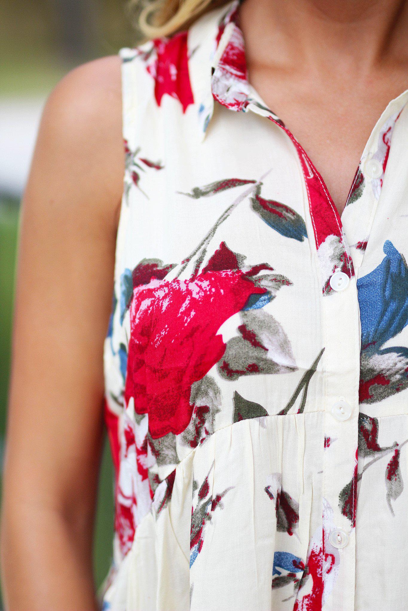 Stylish Cream Floral High-Low Sleeveless Button-Down Top
