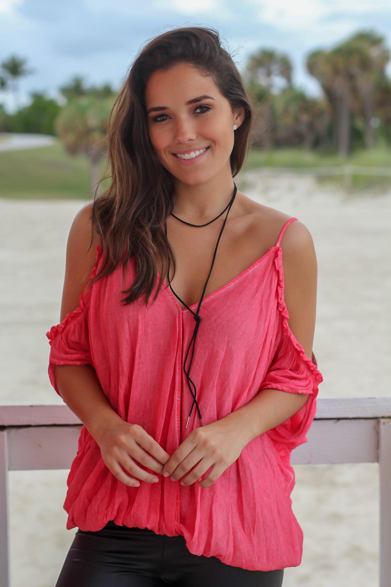 Stylish Coral Women's Cold Shoulder V-Neck Fashion Top