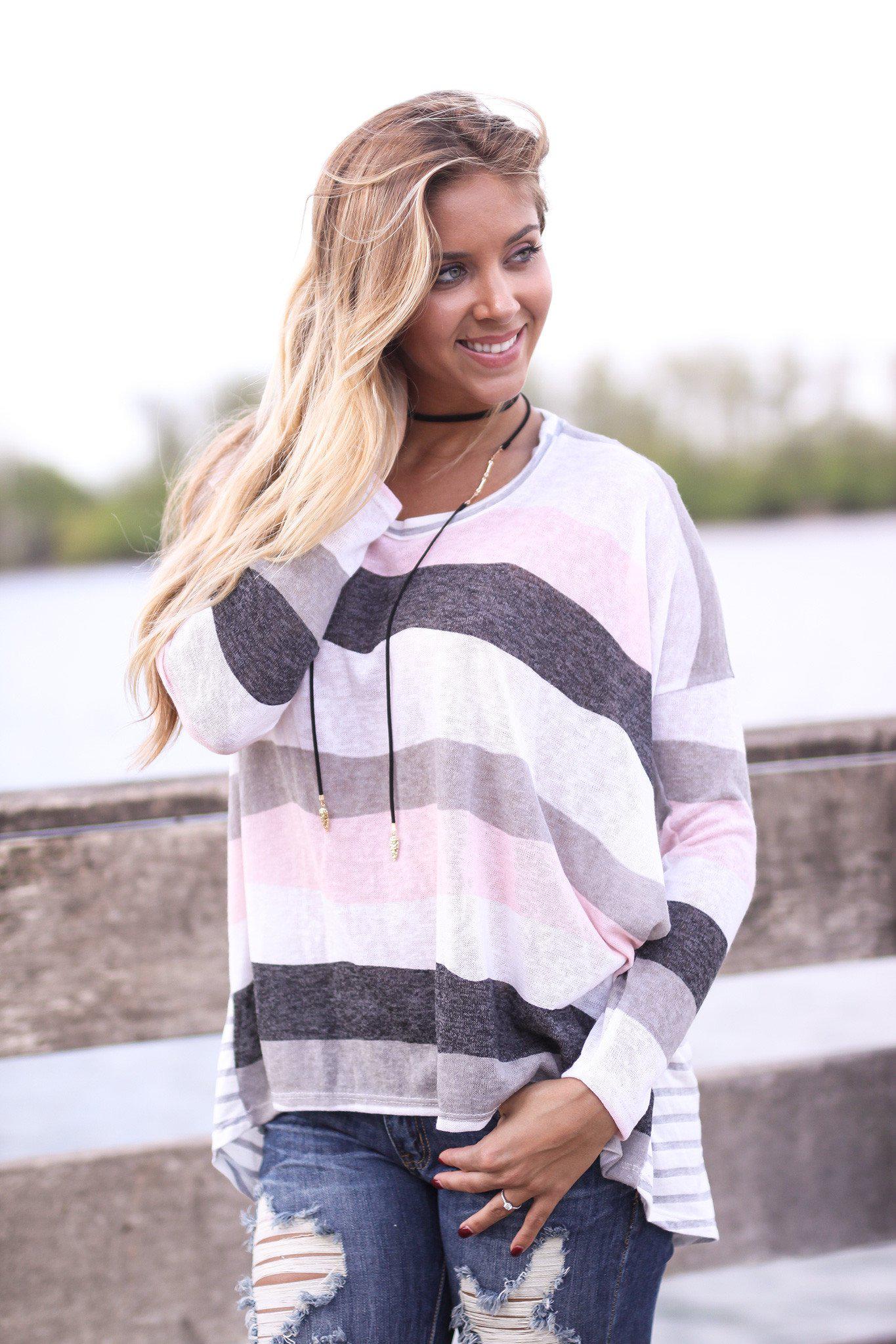 Stylish Ivory and Pink Striped Back Long - Sleeve Top