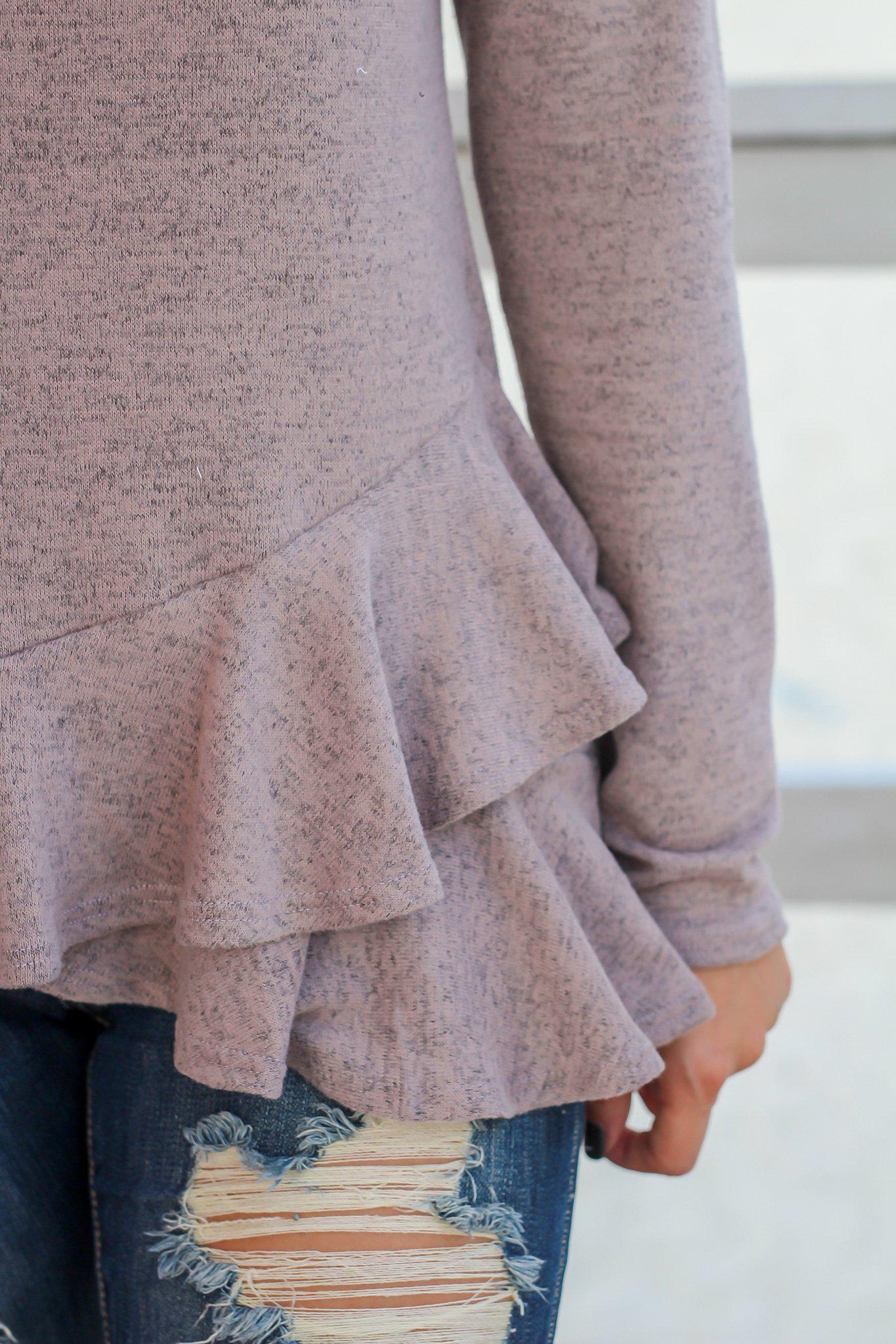 Stylish Mauve Long - Sleeve Top with Ruffled Hem
