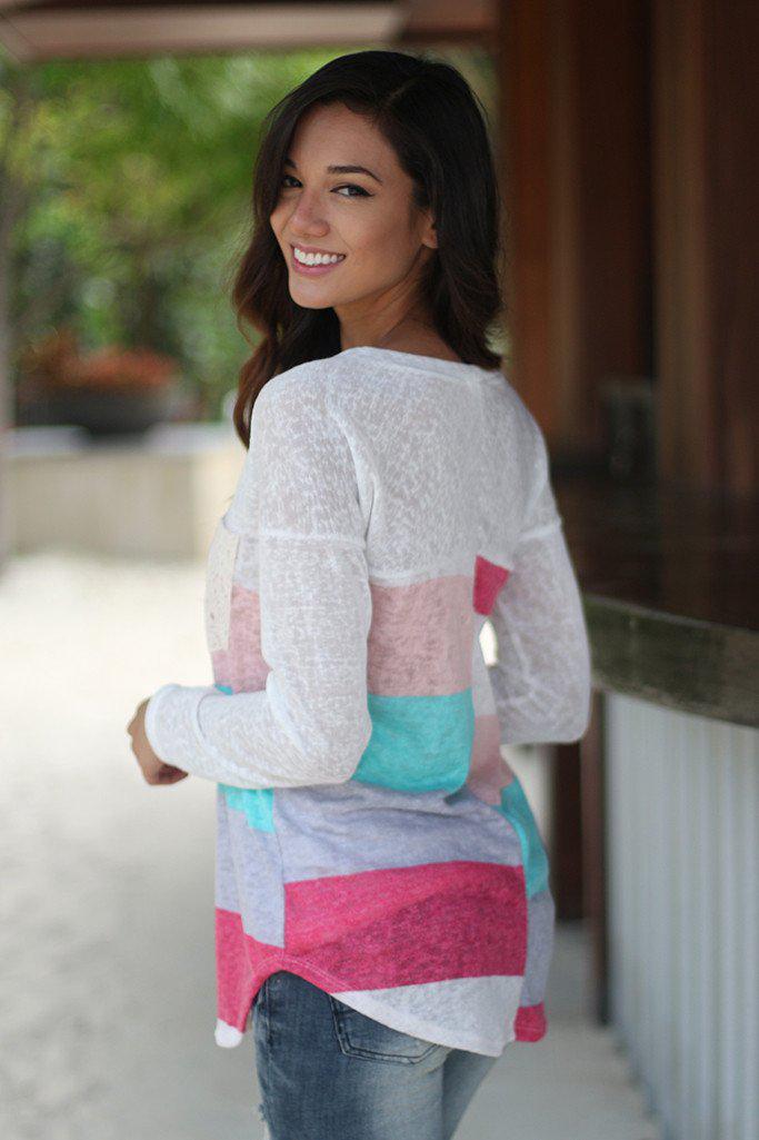 Adorable Coral, Mint & Lavender Long Sleeve Top with Crochet Pocket