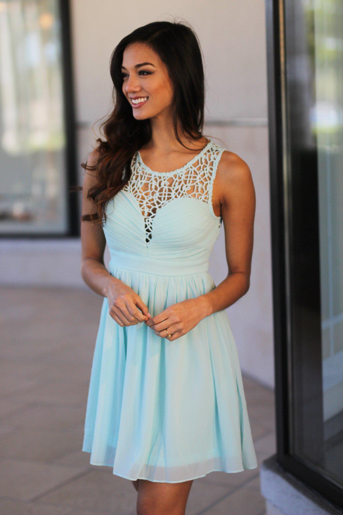 Charming Mint Polyester Crochet Short Dress for Special Occasions
