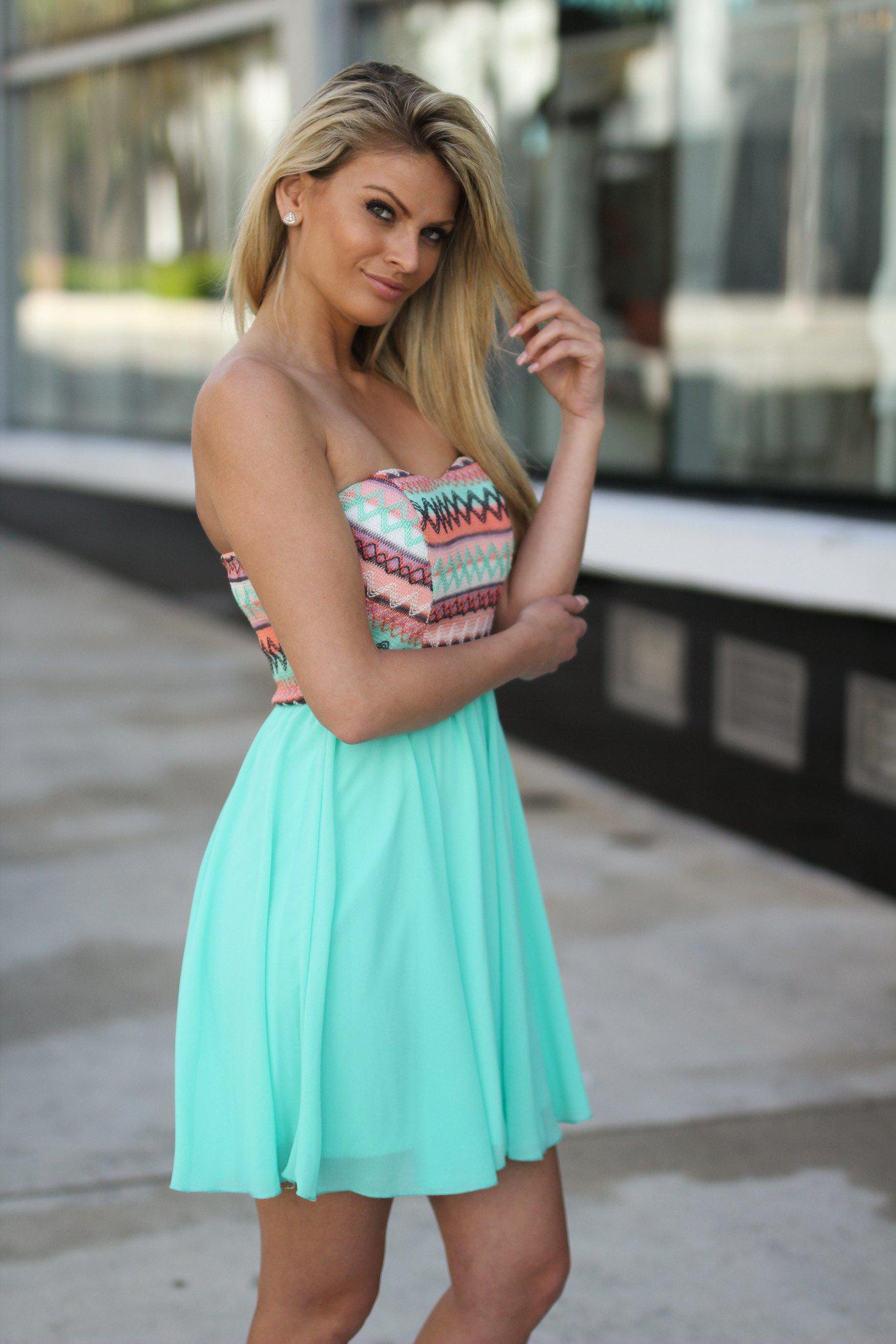 Charming Embroidered Mint and Peach Short Strapless Dress