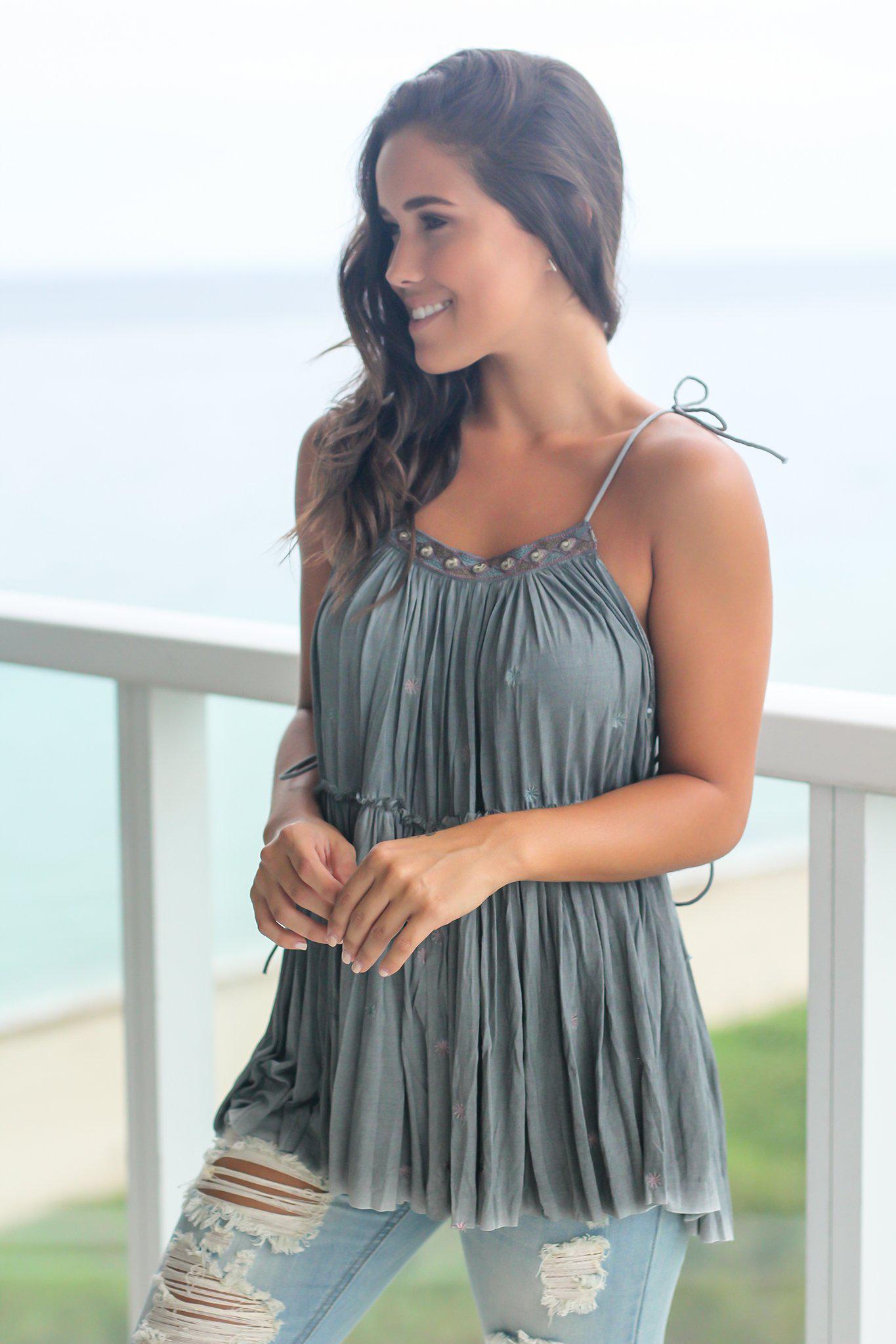 Stylish Charcoal Summer Women's Top with Beautiful Embroidered Flowers