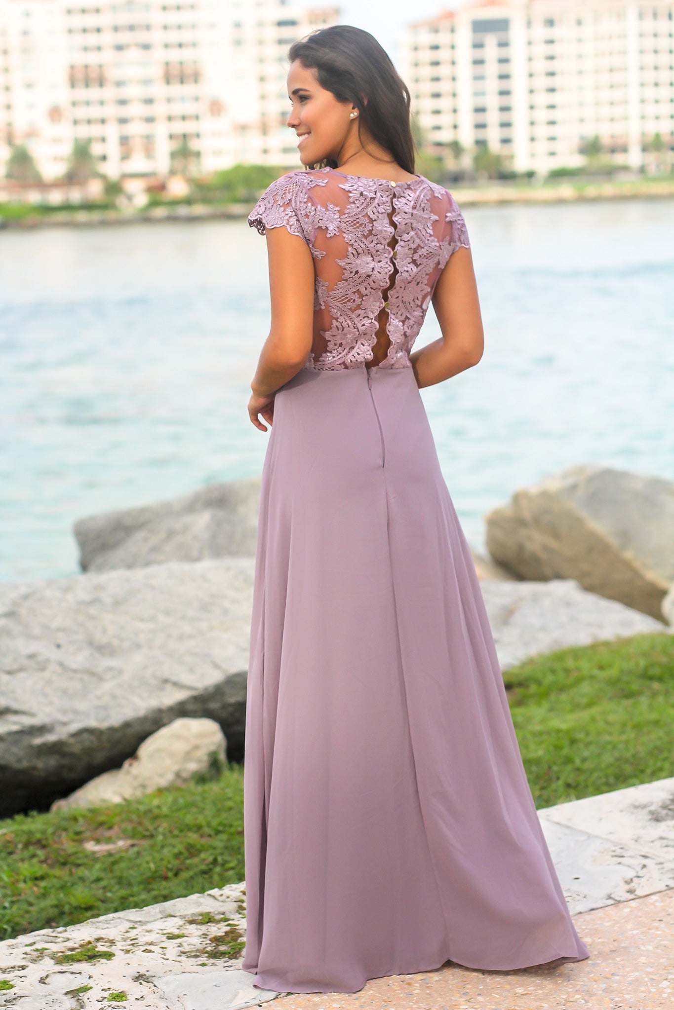 Gorgeous Mauve Maxi Dress with Embroidered Short-Sleeved Top and Side Slit