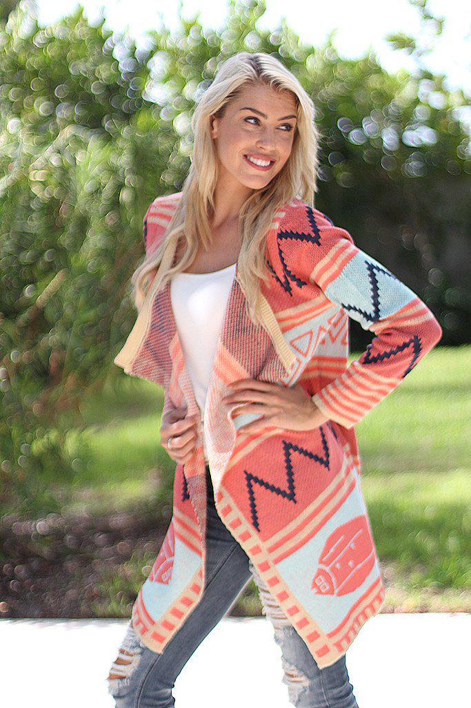 Stylish Coral and Mint Colored Long Women's Cardigan for Everyday Wear