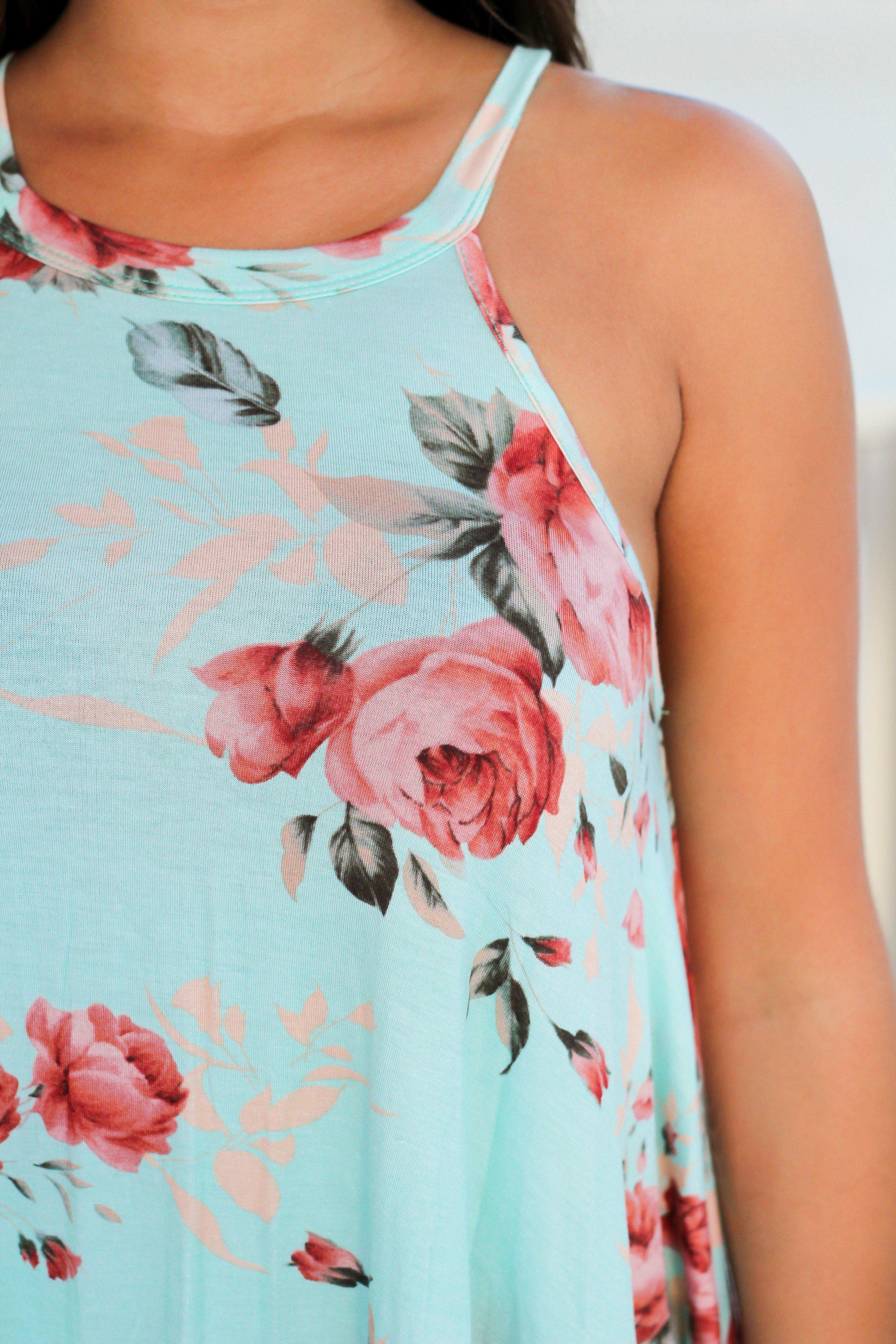 Stylish Mint Floral High Neck Sleeveless Racer Back Top