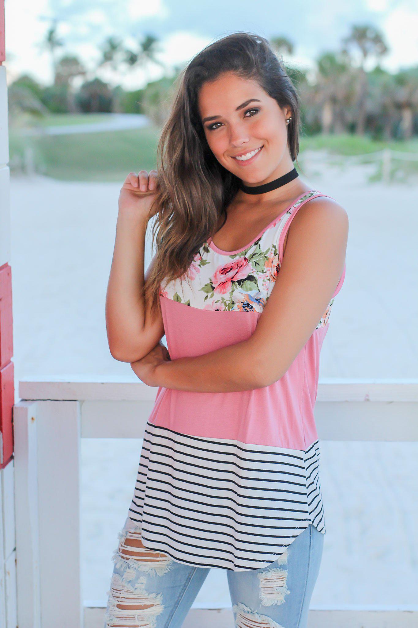 Stylish Mauve Floral and Striped Women's Tank Top