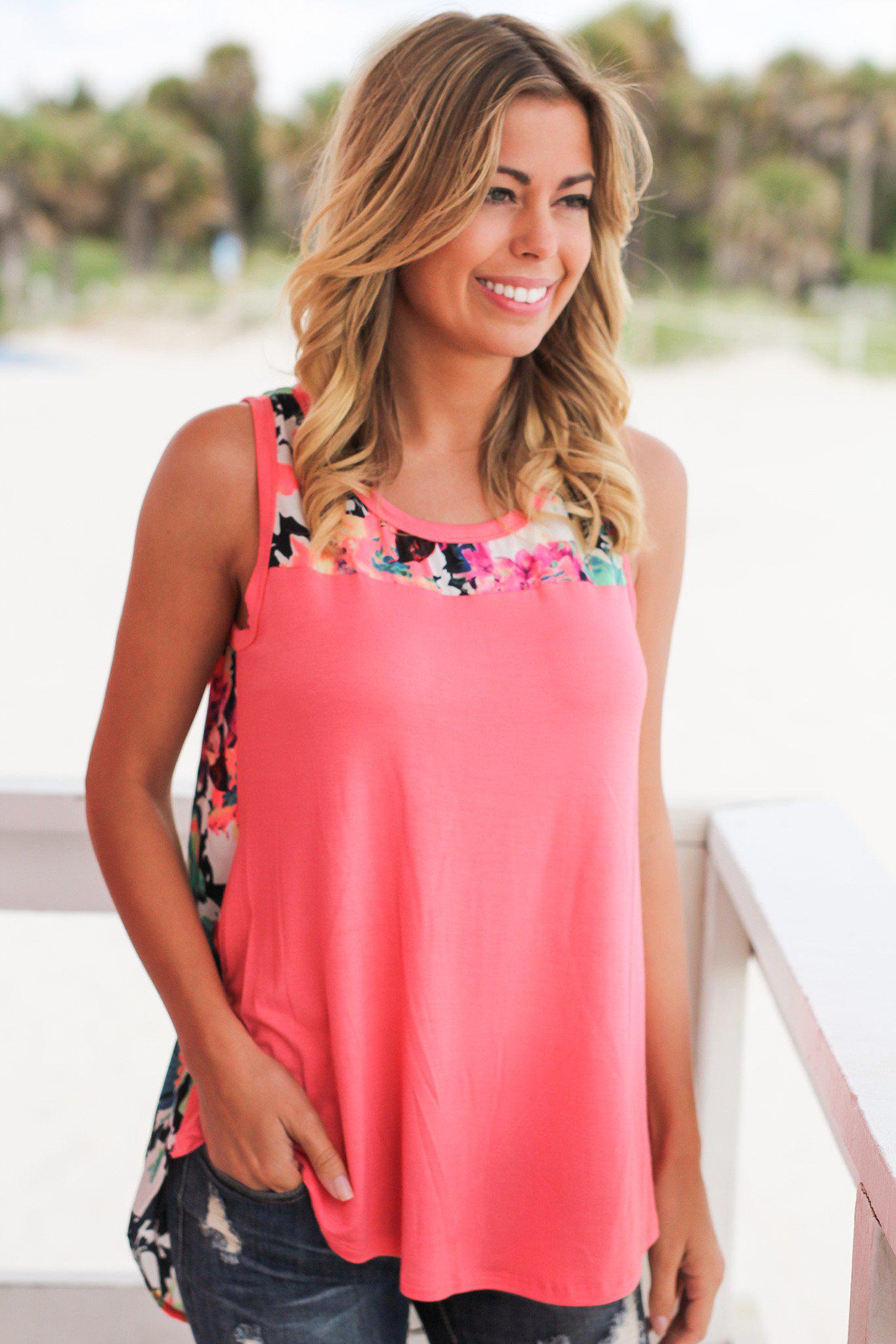 Adorable Coral Sleeveless Floral Women's Top for Spring and Summer
