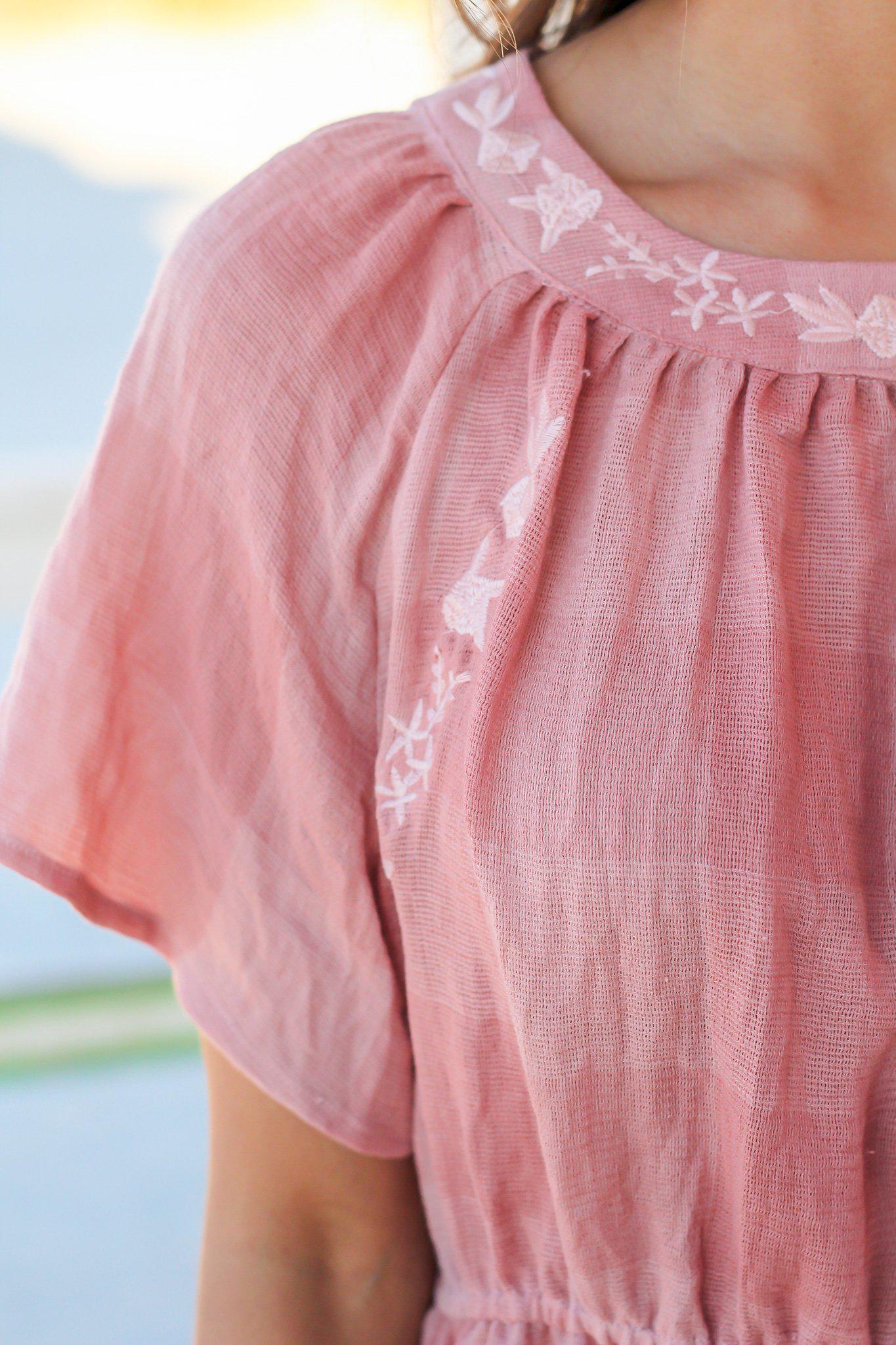 Charming Blush-Colored Embroidered Women's Fashion Top
