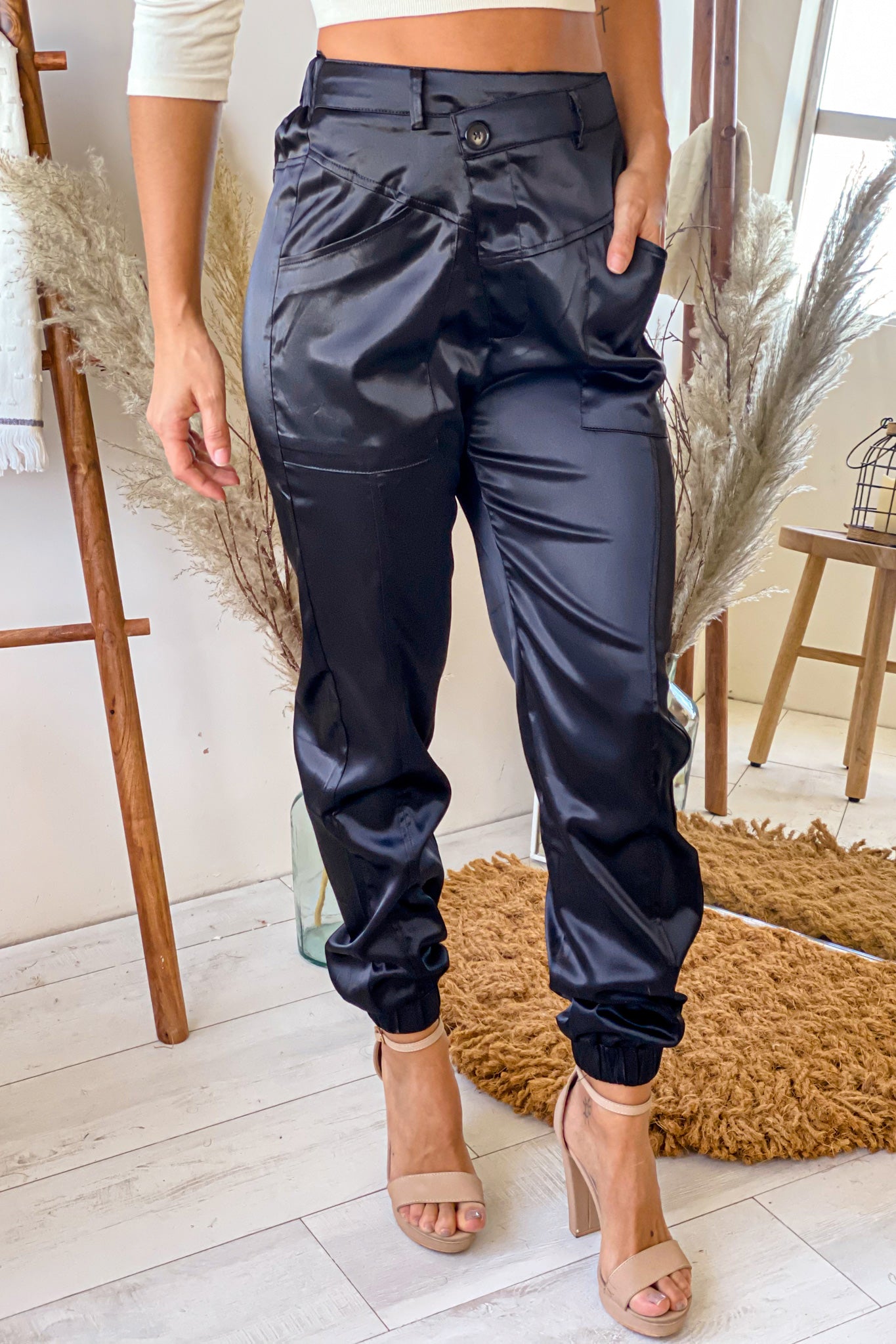 Stylish Black Satin Asymmetrical Elastic - Waist Joggers