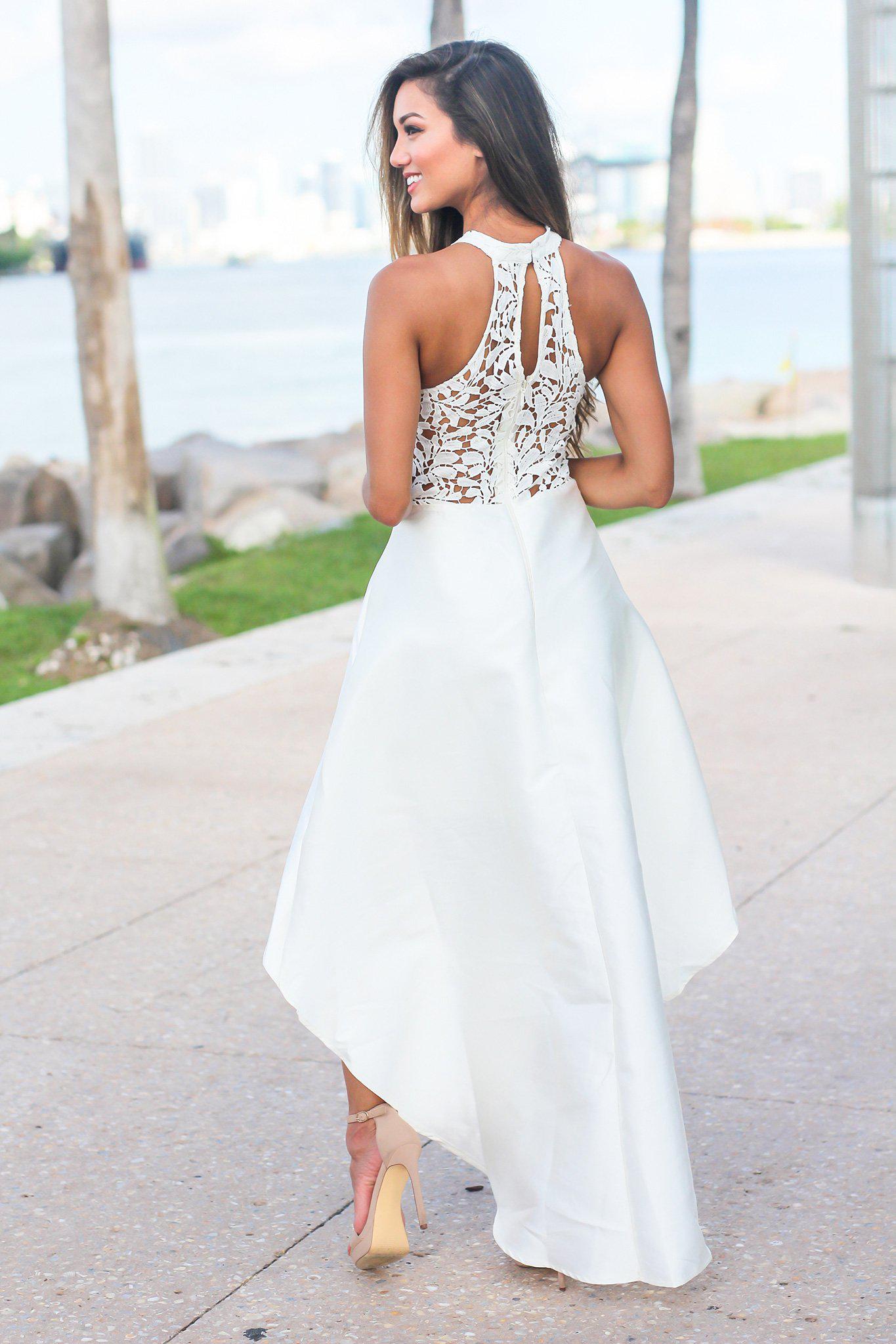 Elegant Cream-Colored Halter Neck Crochet Top High Low Taffeta Dress for Women