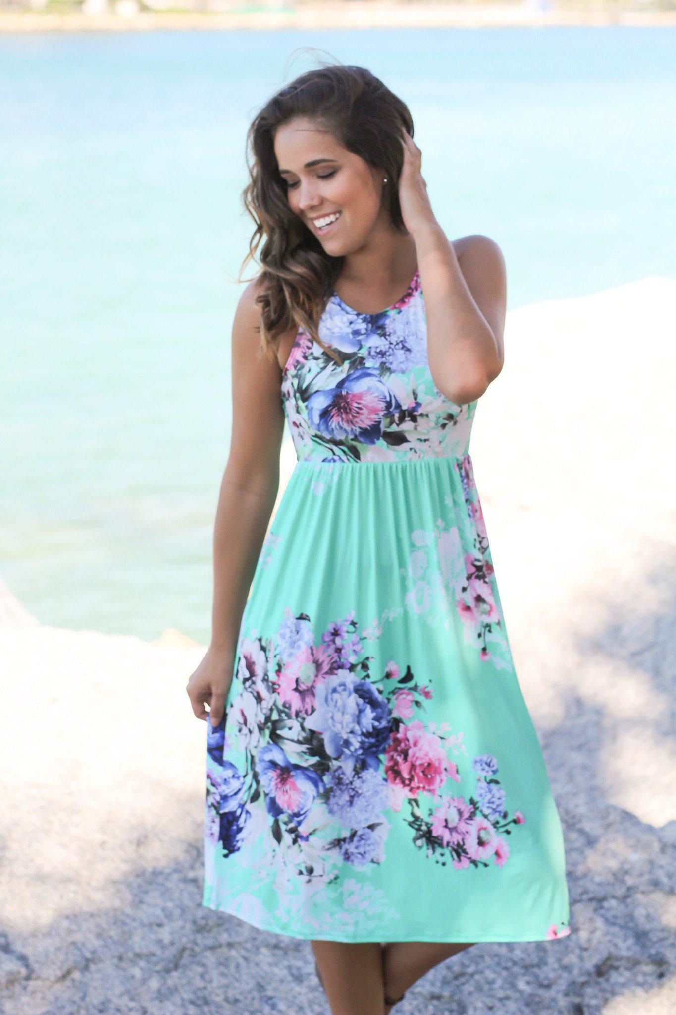 Adorable Mint Floral Print Sleeveless Midi Dress with Pockets