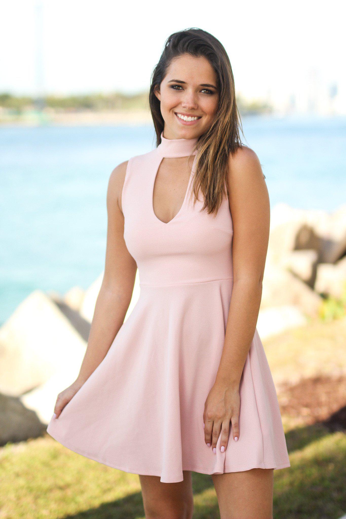 Stylish Blush Colored Mock Neck Short Party Dress