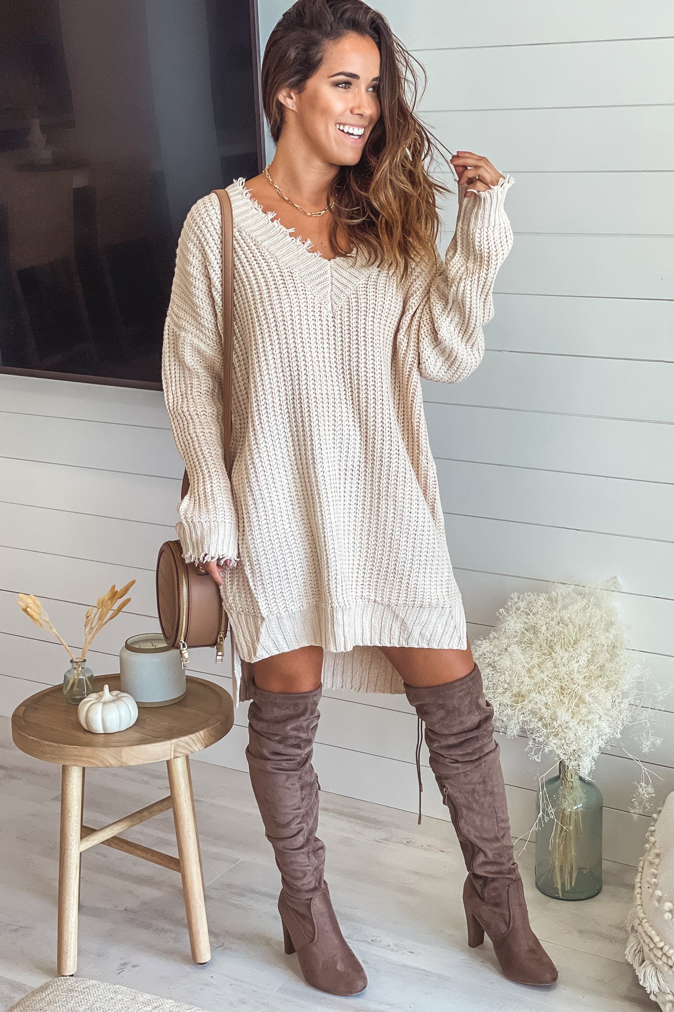 Cozy Cream Frayed Long - Sleeve V - Neck Knit Sweater Dress