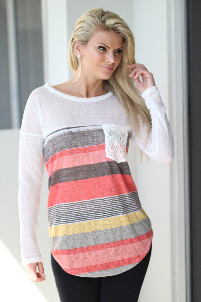 Stylish Women's Coral Striped Top Featuring a Crochet Pocket