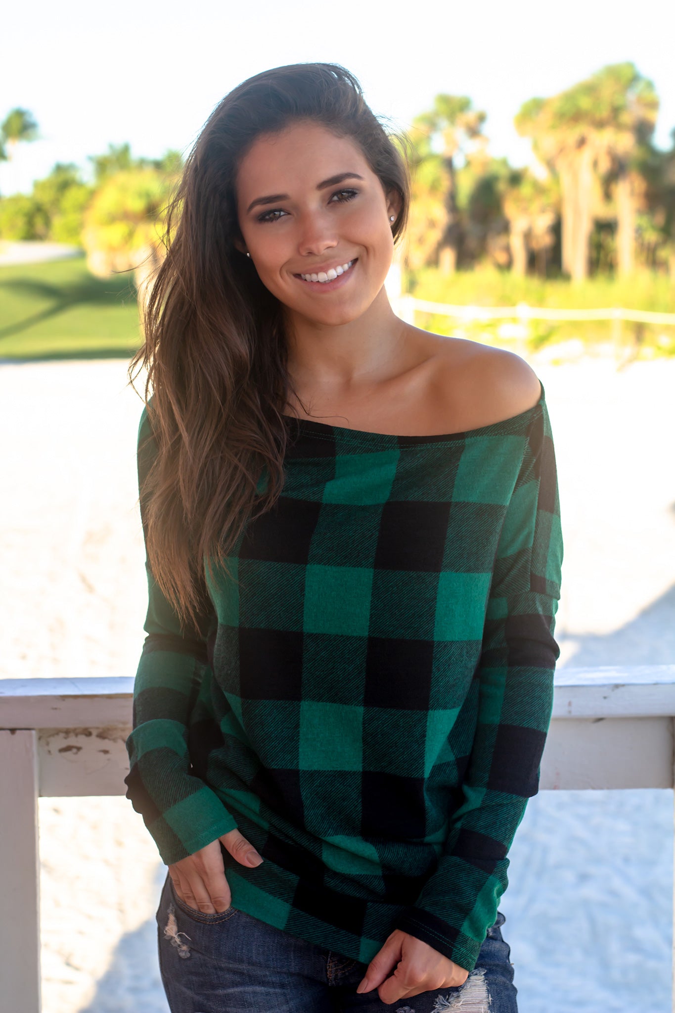 Stylish Hunter Green and Black Plaid One-Shoulder Asymmetrical Top