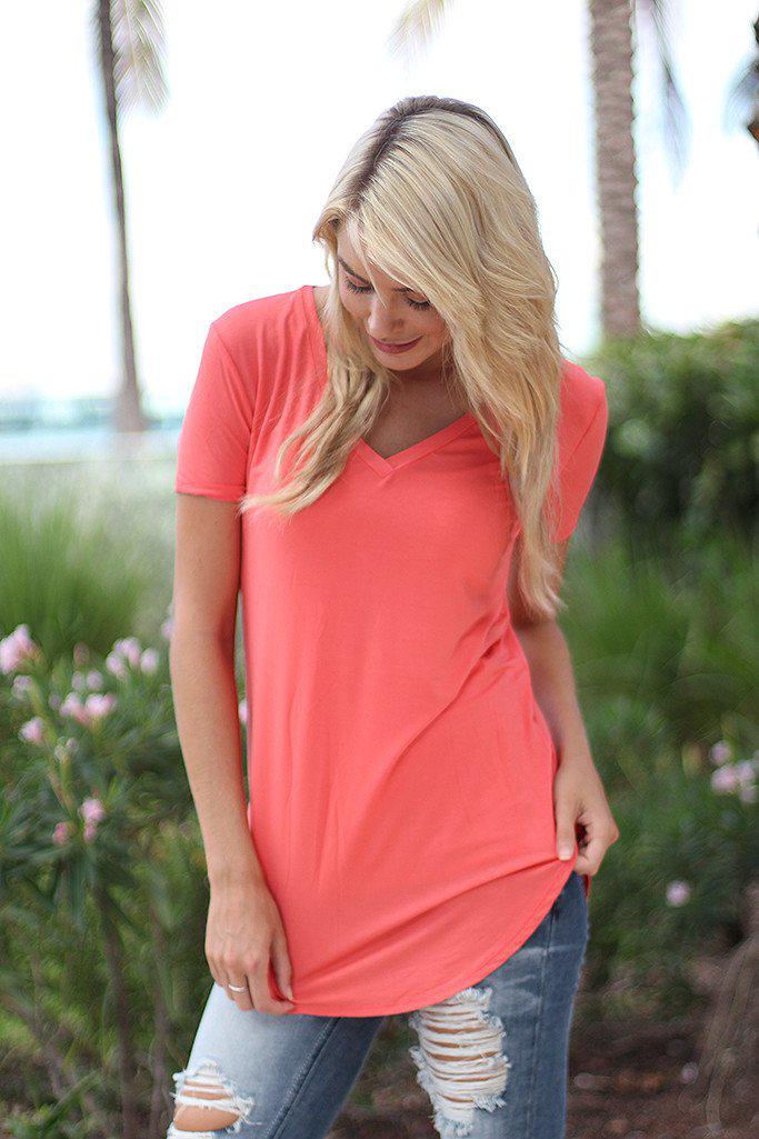Adorable Coral-Colored Women's V-Neck Casual Top