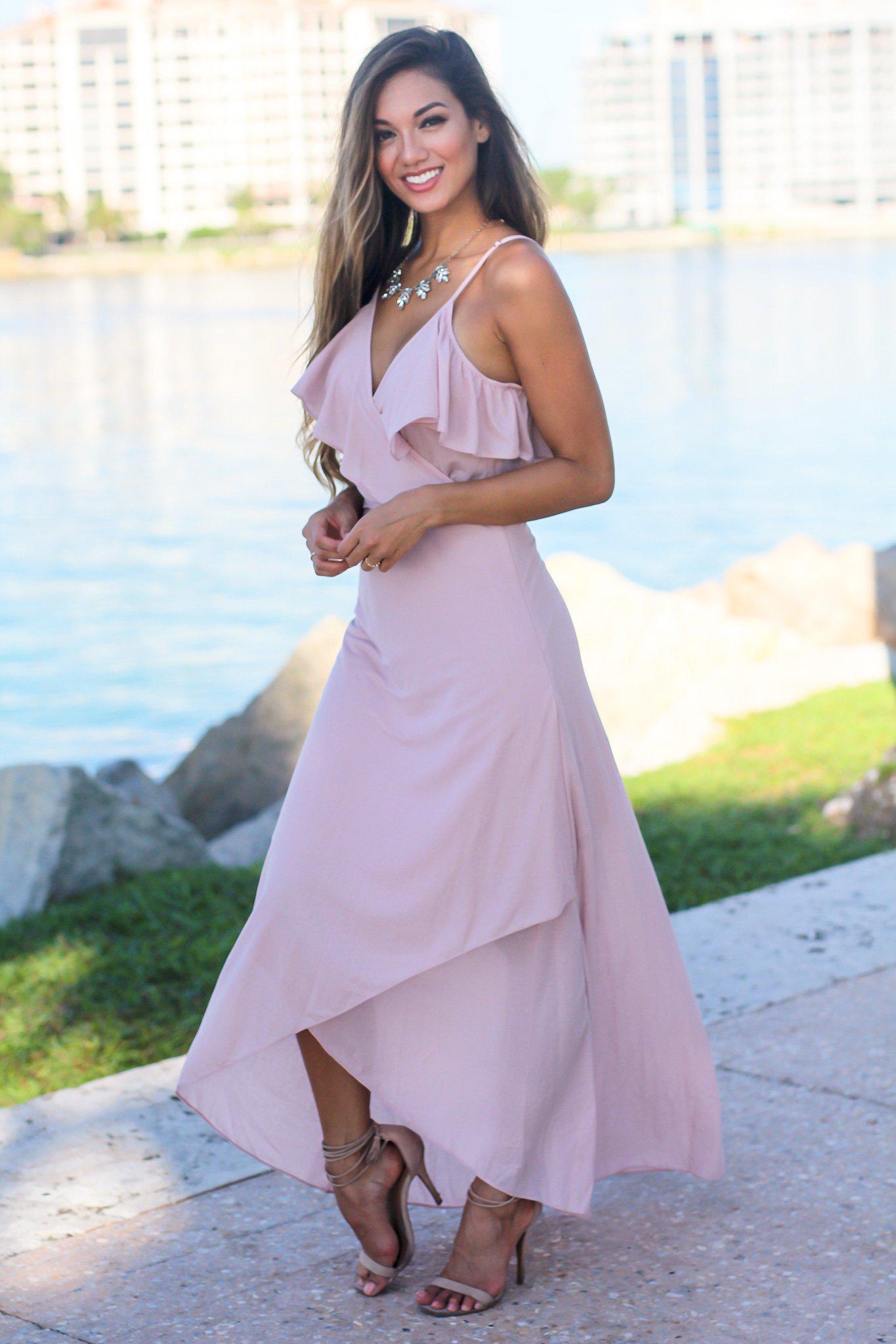 Elegant Blush-Colored High Low Wrap Dress with Ruffles for Special Occasions