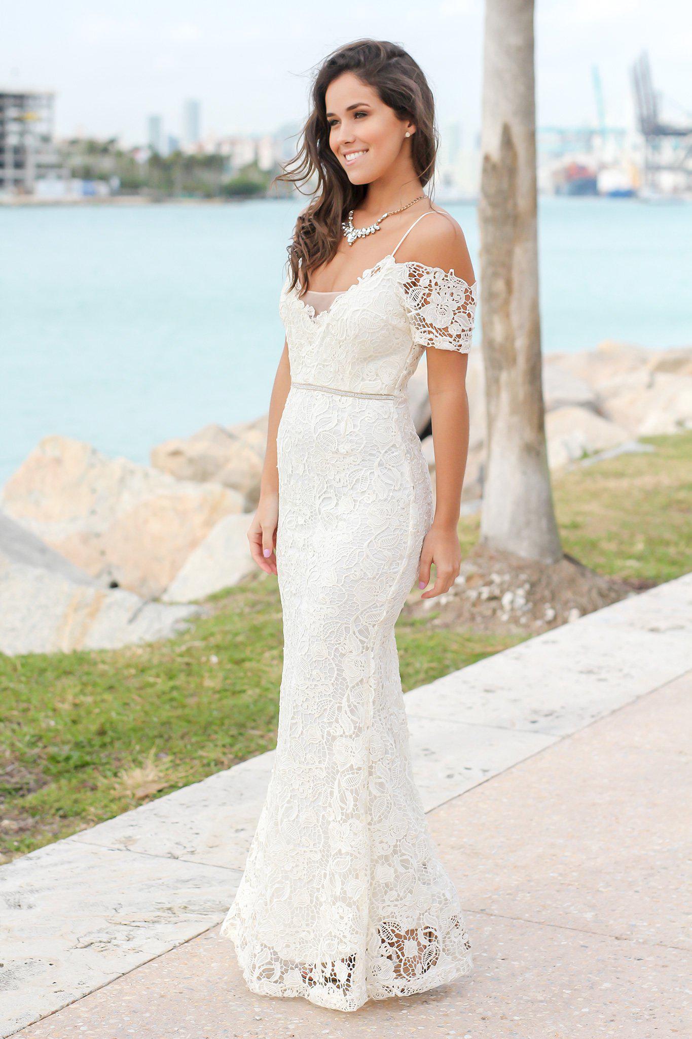 Elegant Cream Crochet Maxi Dress with Stunning Gold Rhinestone Detail