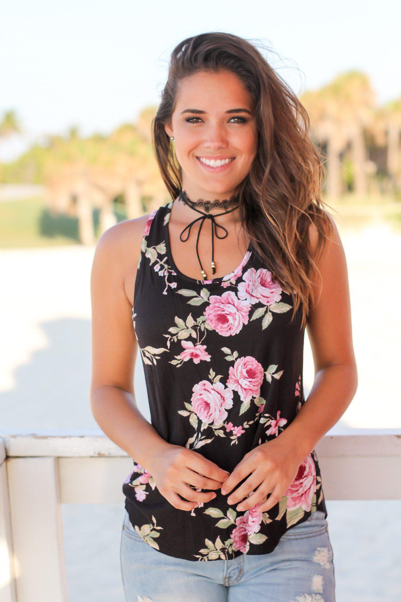 Stylish Black Floral-Printed Sleeveless Racerback Women's Top for Spring