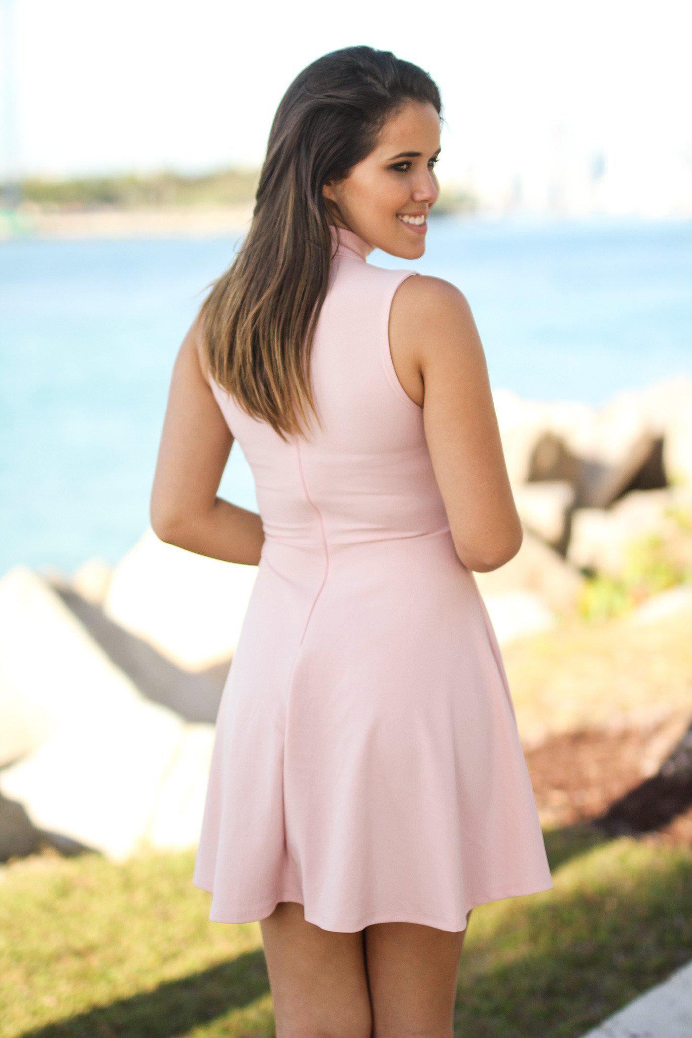 Stylish Blush Colored Mock Neck Short Party Dress