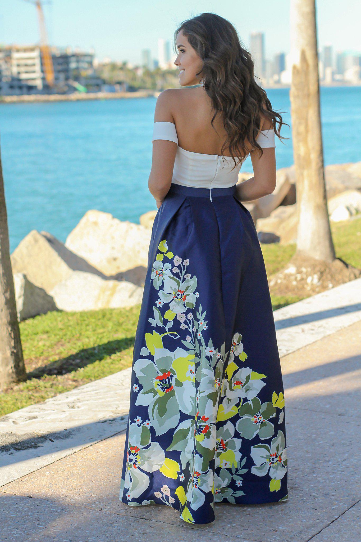 Elegant Ivory and Navy Floral Off - Shoulder Long Maxi Dress for Special Occasions