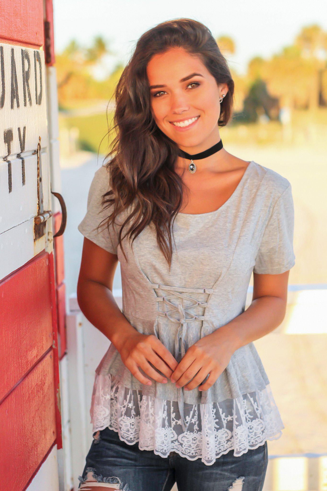 Stylish Heather Gray Women's Top with Lace Trim and Corset Waist Design