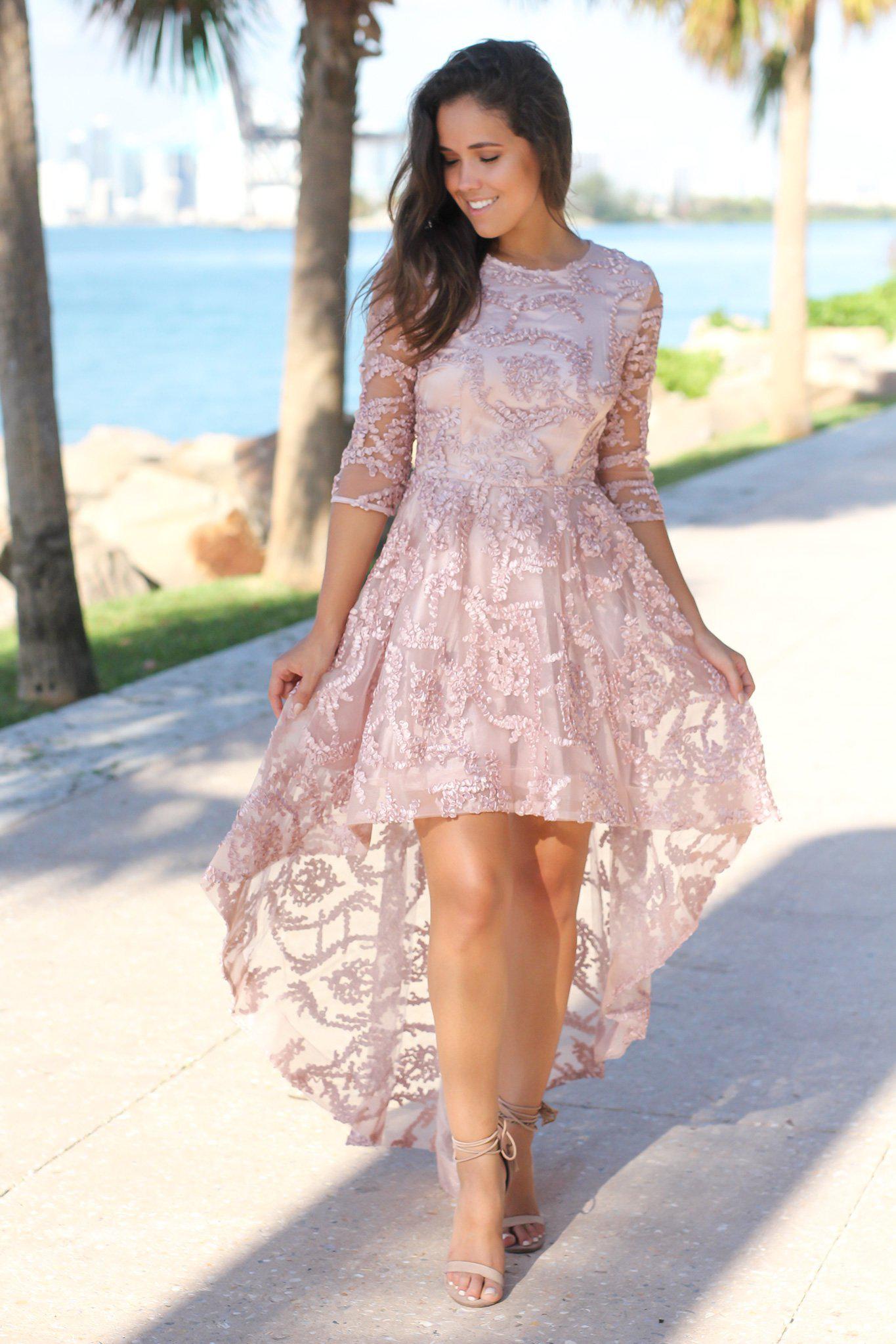 Elegant Blush-Colored High Low Style Dress with Three - Quarter Sleeves