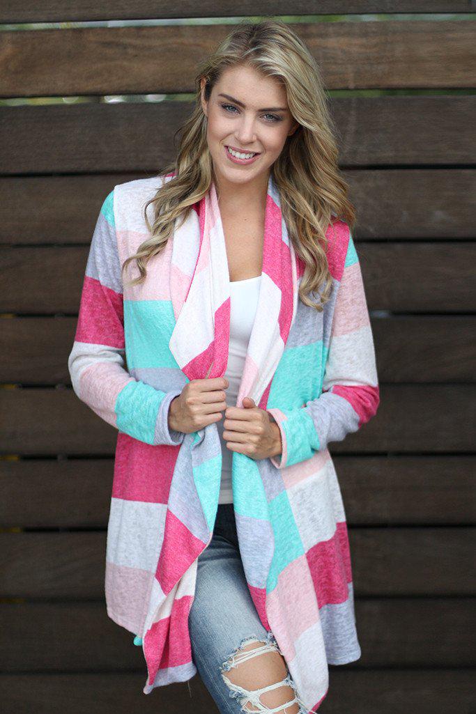 Stylish Mint and Coral Color Block Women's Cardigan for Everyday Wear