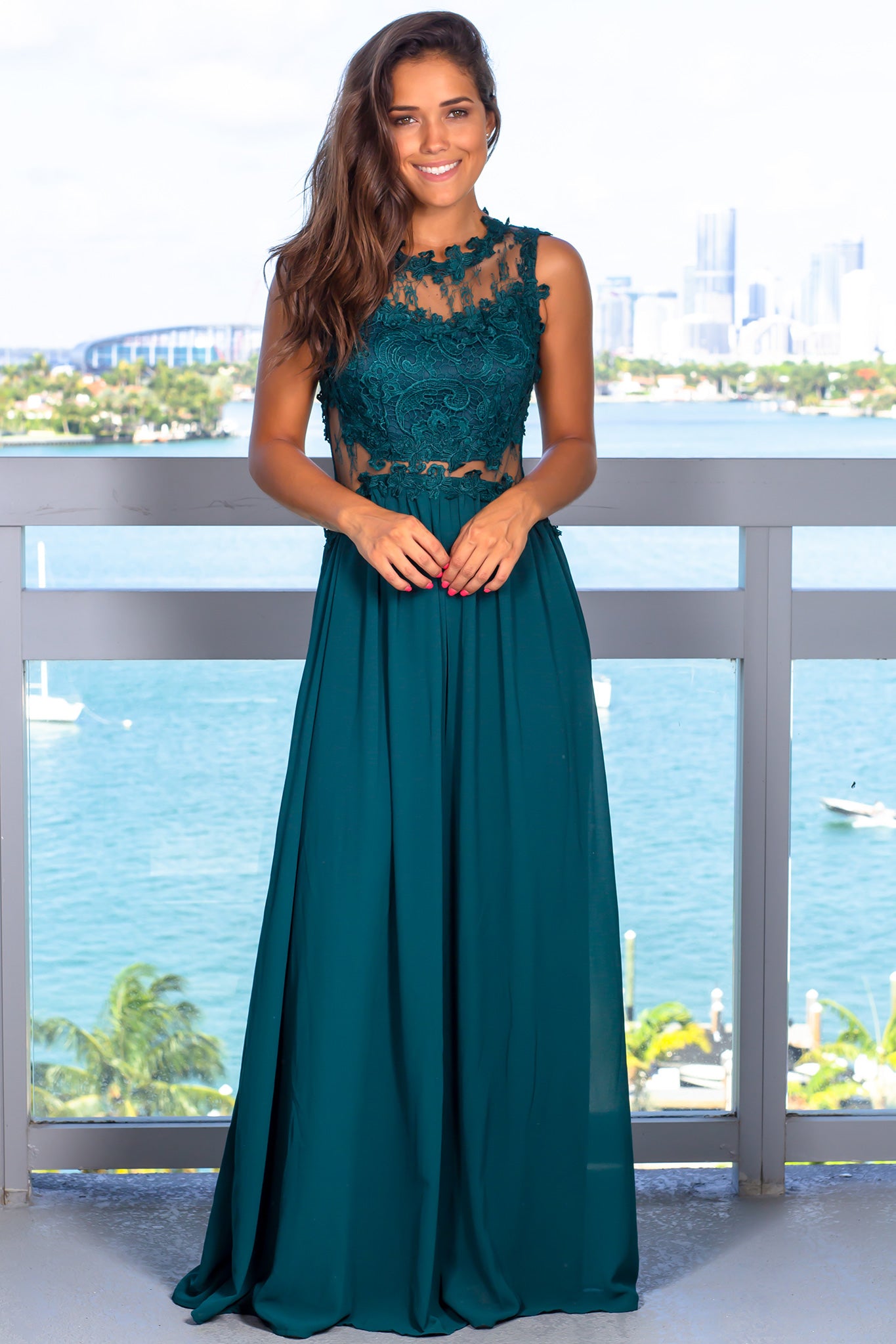 Stunning Hunter Green Maxi Dress with Lace Top and Sheer Back