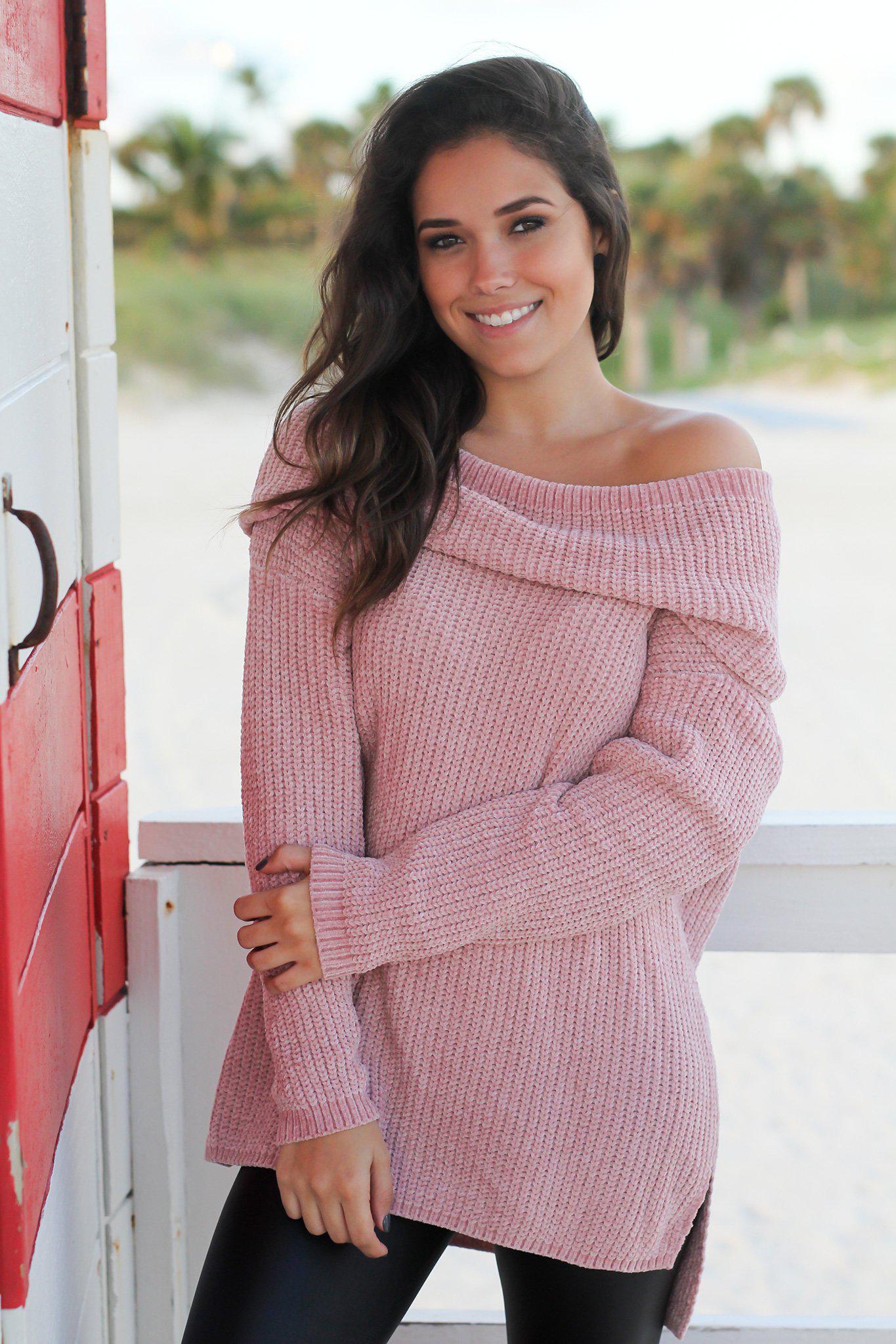 Chic Mauve Oversized Off-Shoulder Knitted Cotton-Polyester Sweater