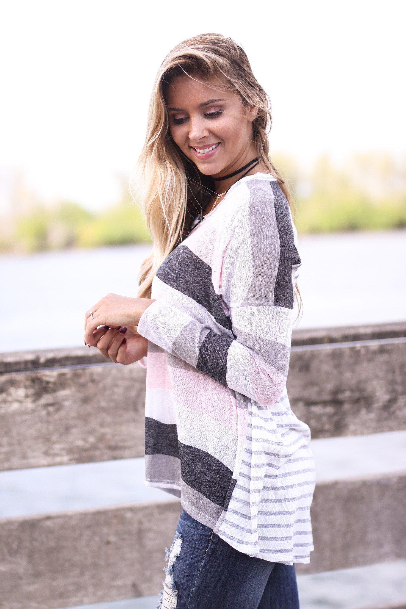 Stylish Ivory and Pink Striped Back Long - Sleeve Top