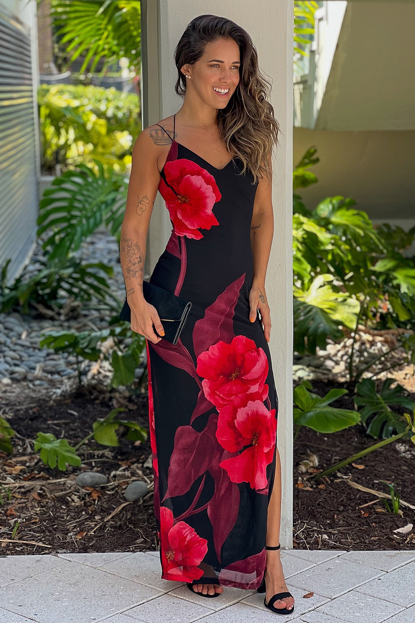 Stylish Black Floral Printed Strappy Back Maxi Dress with Slit
