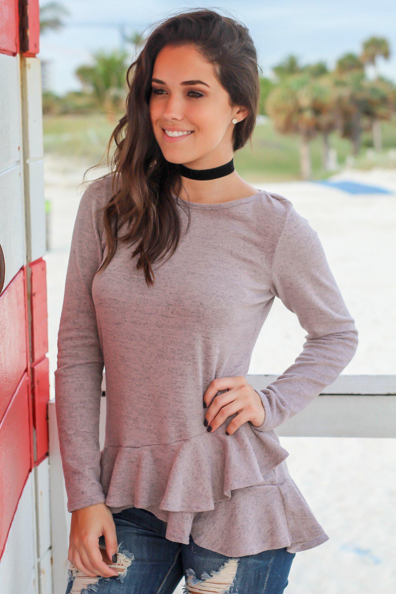 Stylish Mauve Long - Sleeve Top with Ruffled Hem