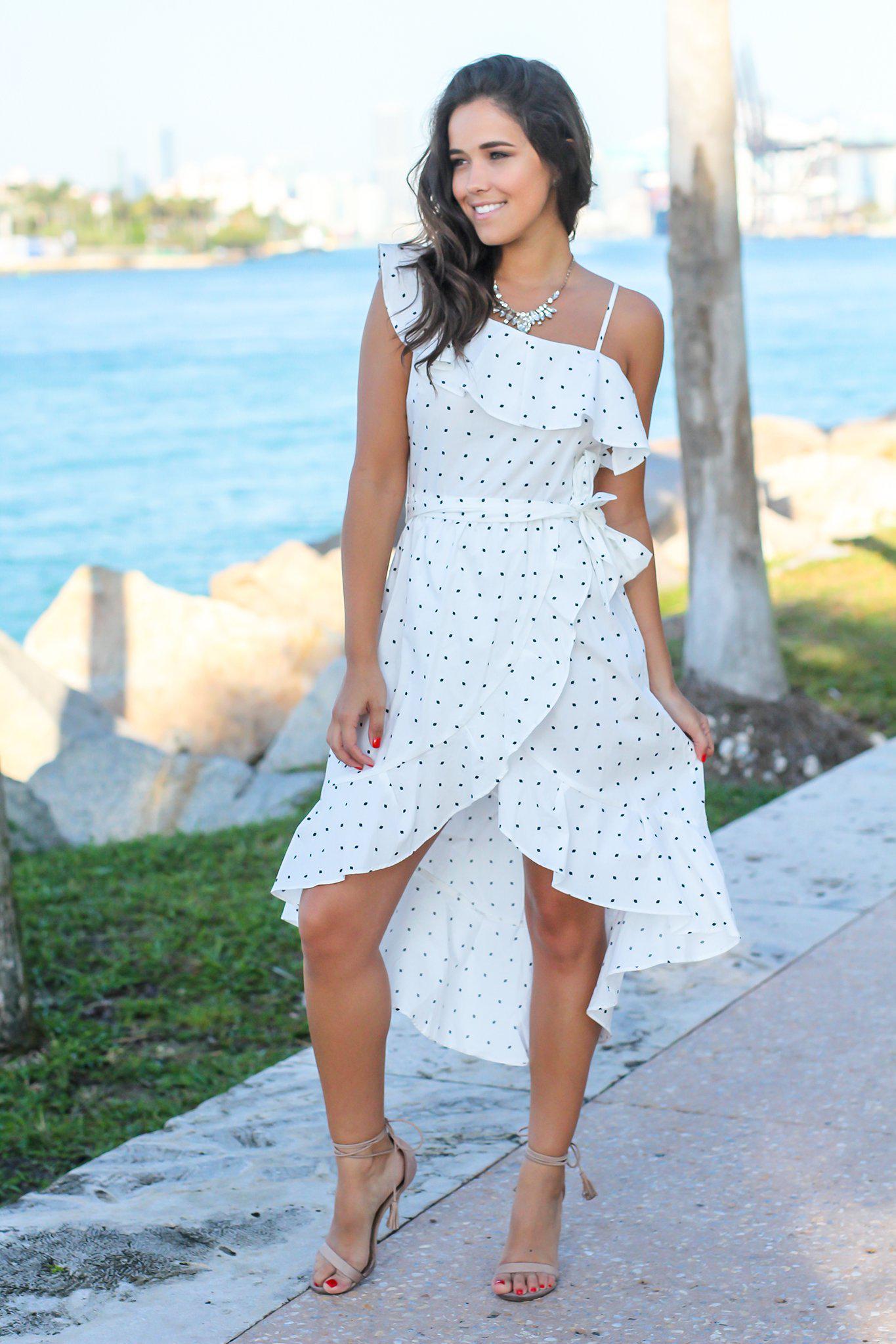 Stylish Ivory and Black Polka Dot High Low Summer Dress