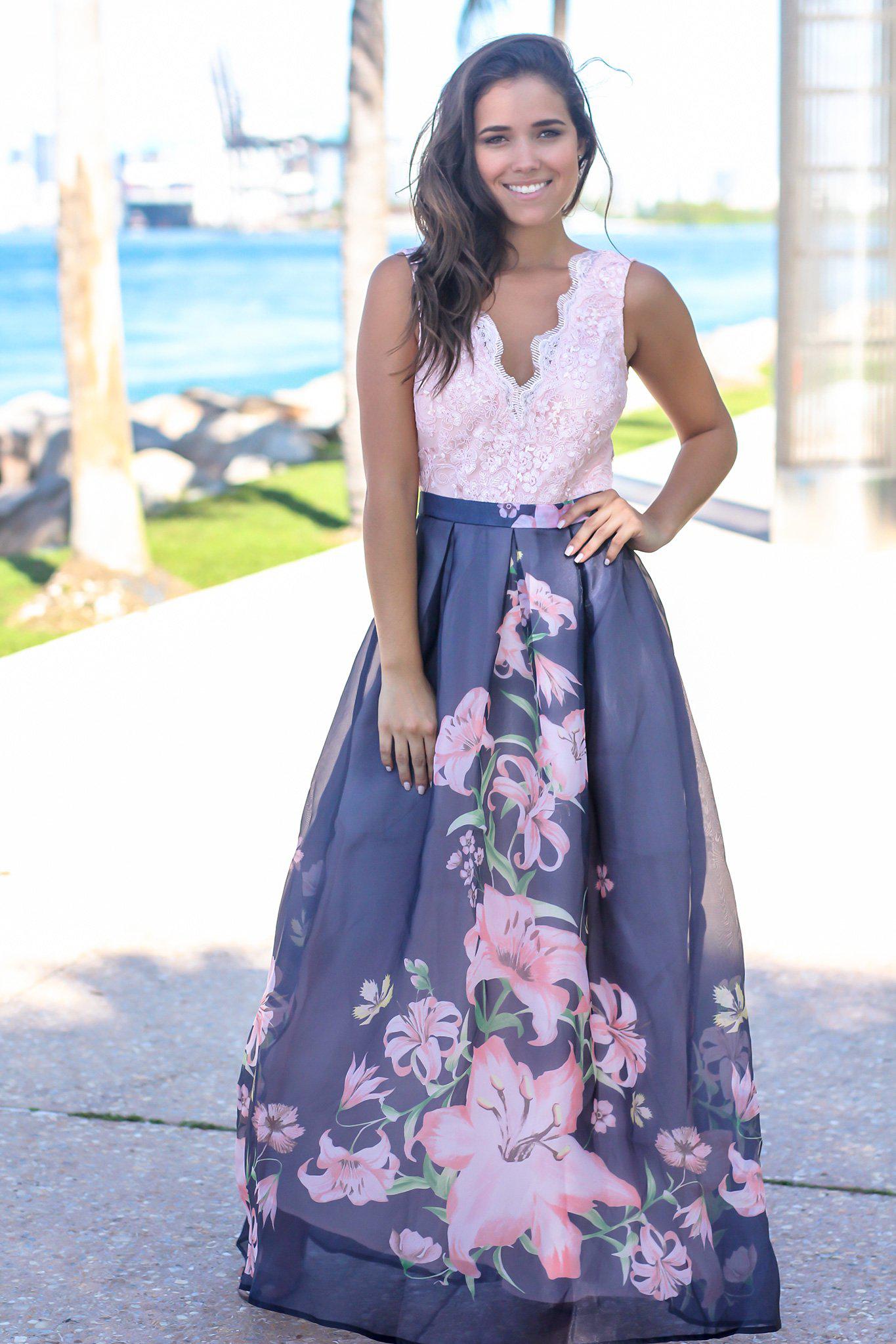 Gorgeous Blush and Navy Floral Sleeveless Maxi Formal Dress