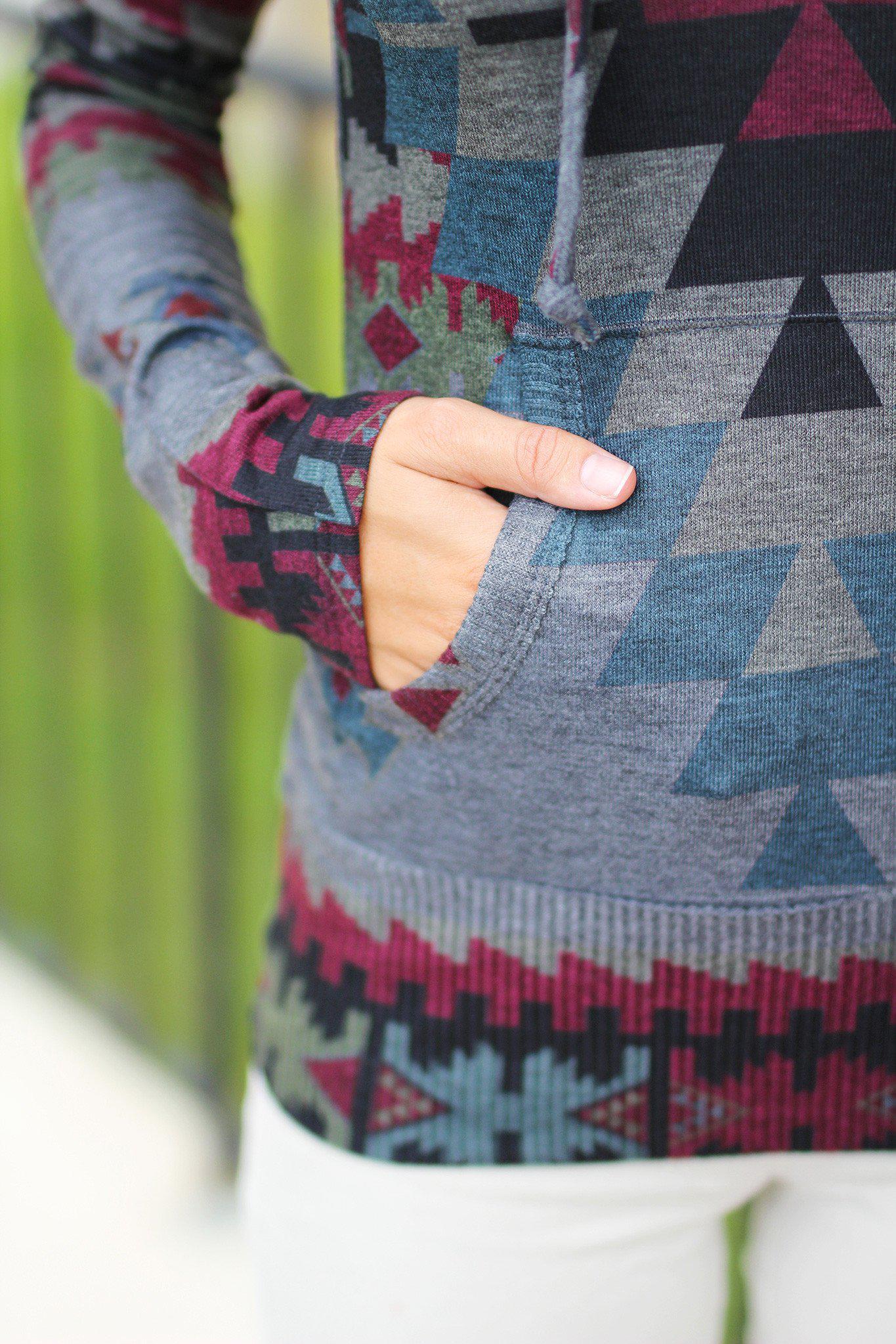 Stylish Charcoal Tribal Print Hooded Sweater with Cozy Long Sleeves