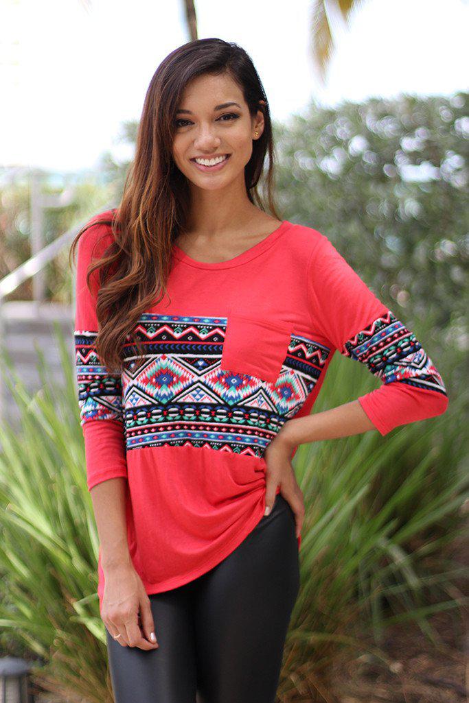Stylish All - Year Coral Aztec Printed Lightweight Top