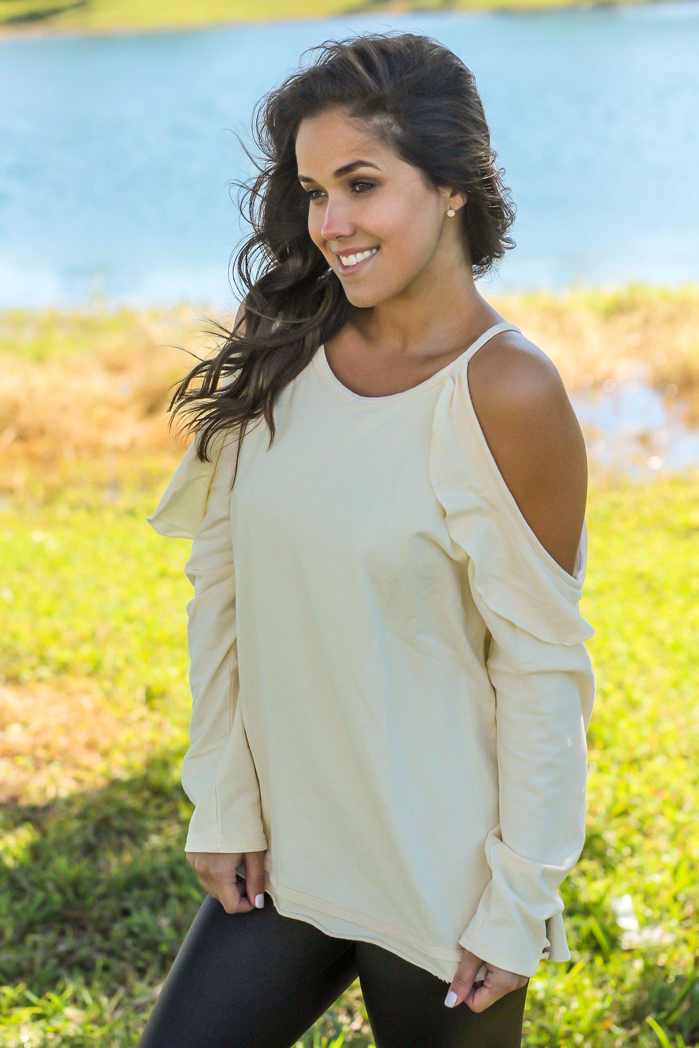 Cream Long Sleeve Cold Shoulder Top with Stylish Ruffle Detail