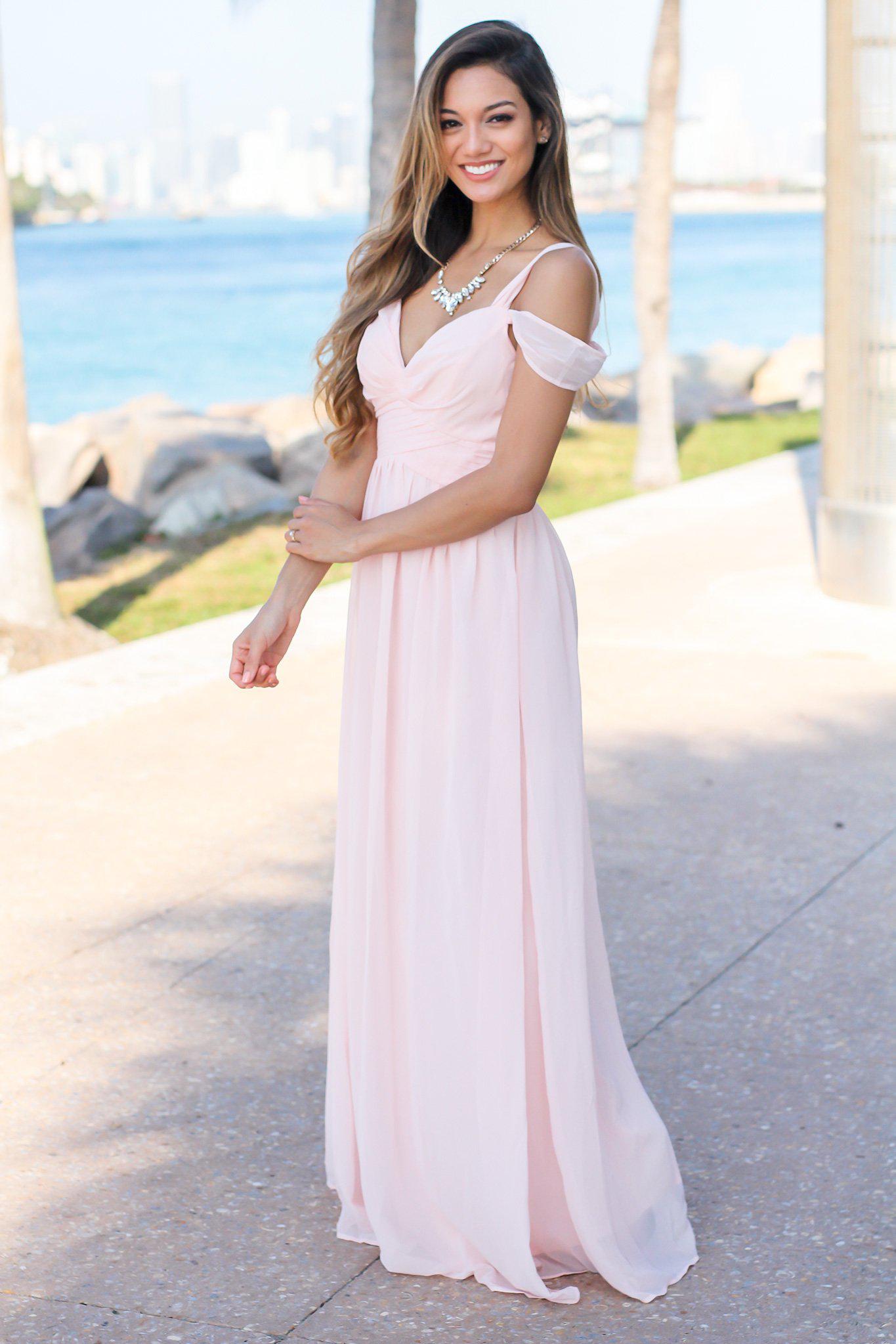 Fabulous Blush-Colored Off-Shoulder Maxi Dress Featuring a Pleated Top for Special Occasions